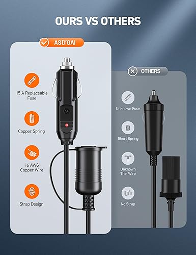 Miniatura 2 de AstroAI Cable de extensión de encendedor de cigarrillos de 12 pies12 V, macho a hembra, cable de extensión resistente de 120 W15 A, compatible con