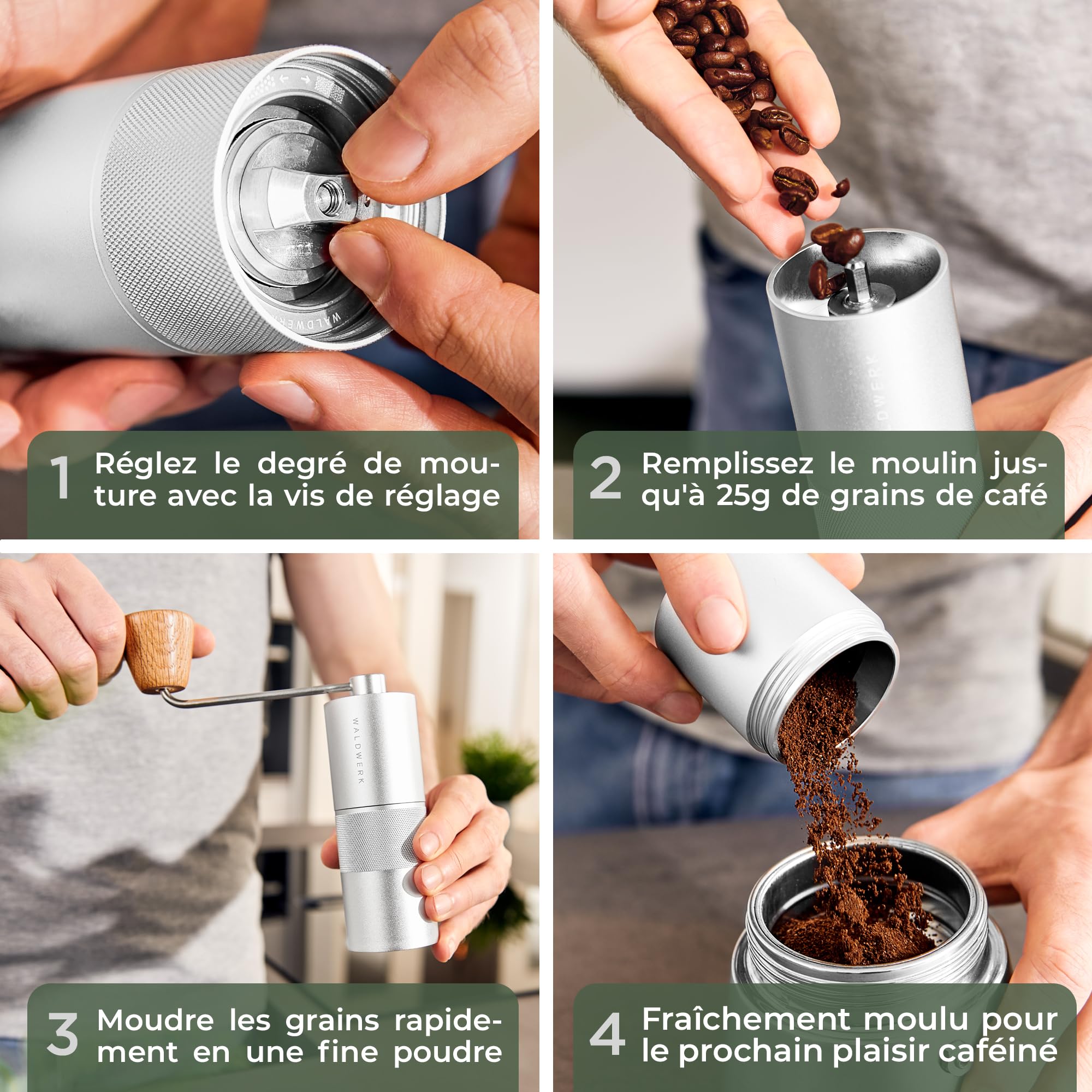 WALDWERK Moulin à Café Manuel en Acier Inoxydable - Coffee Grinder avec Poignée en Bois - Sans Plastique