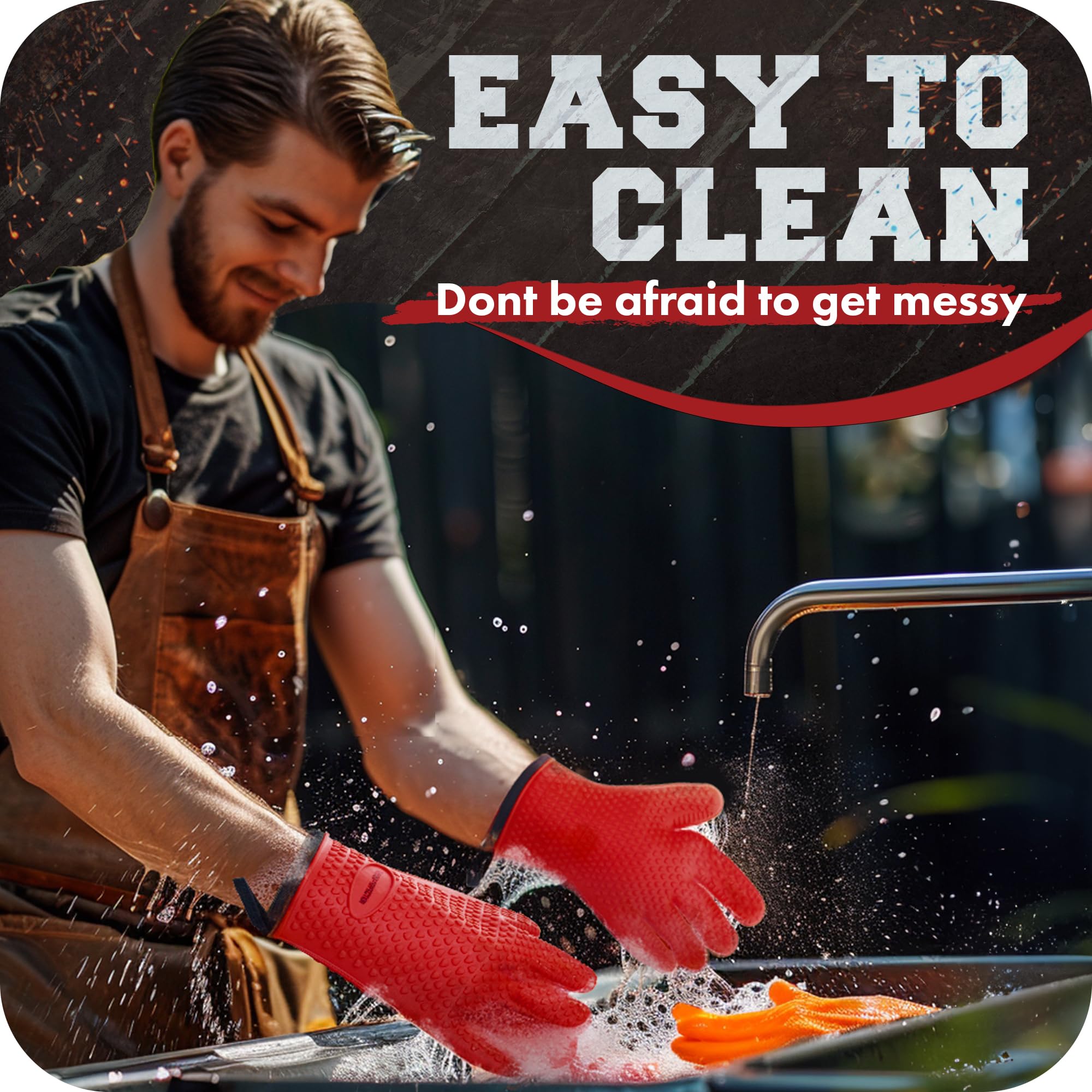 Guantes de silicona para horno ahumador, resistentes al calor, guantes lavables para cocinar de forma segura, horneado y freír en la cocina, barbacoa y parrilla. Juego de 3 bonos (rojo)