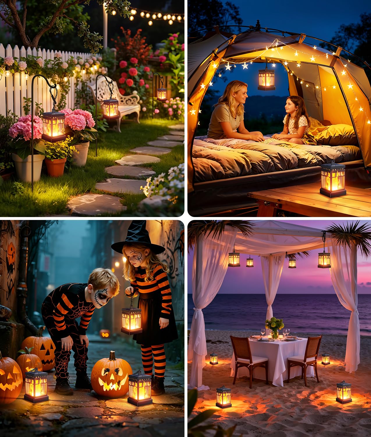 KOOPER Hanging Solar Lanterns Outdoor Waterproof, 4PCS Flickering Flame Hanging Solar Lights for Outside, Outdoor Solar Lanterns up to 12 Hours, Lanterns Decorative for Patio Porch Yard Garden Decor - 4