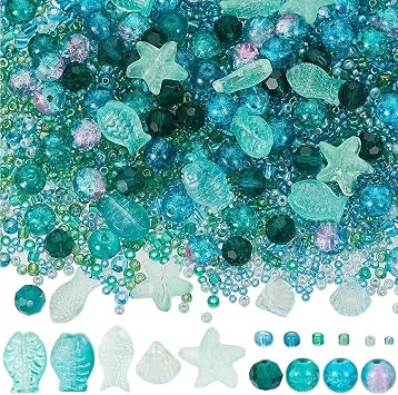 SUNNYCLUE 1 Box 3100+Pcs Sea Glass Beads Kit Glass Ocean Beads Glass Starfish Shell Fish Beads Summer Hawaii Ocean Animal Bead Cyan Spacer Loose Beads for Jewelry Making DIY Beading Crafts Supplies
