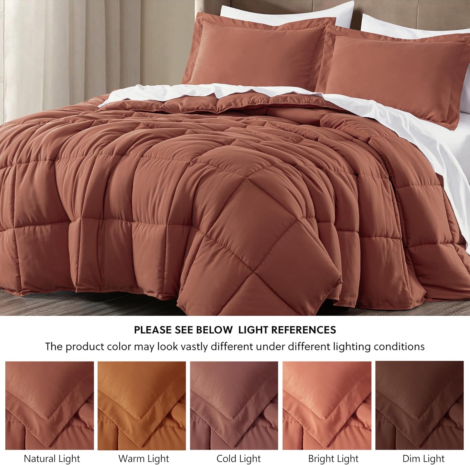 Chezmoi Collection 3-Piece Terracotta Comforter Set Oversized Queen - 110GSM Peach Skin Microfiber Polyester All Season Down Alternative Comforter Set
