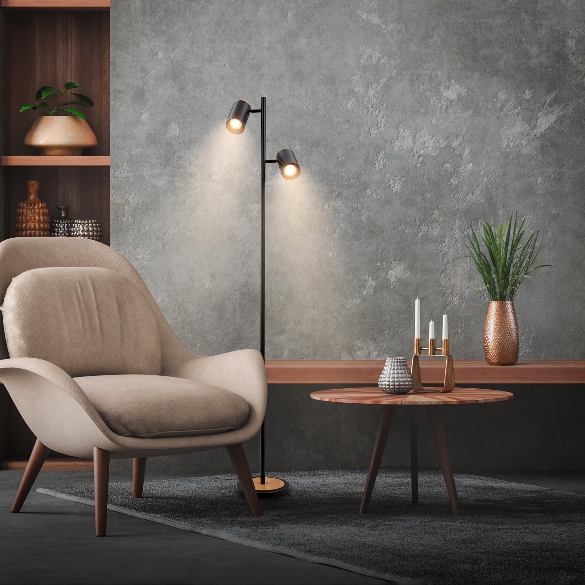 BRILONER - Lampada da terra con interruttore a cavo, faretti orientabili, 2x attacco GU10, piantana lampada da terra, lampada da terra salotto, lampada soggiorno da terra, 26x26x159,5 cm, nero-legno