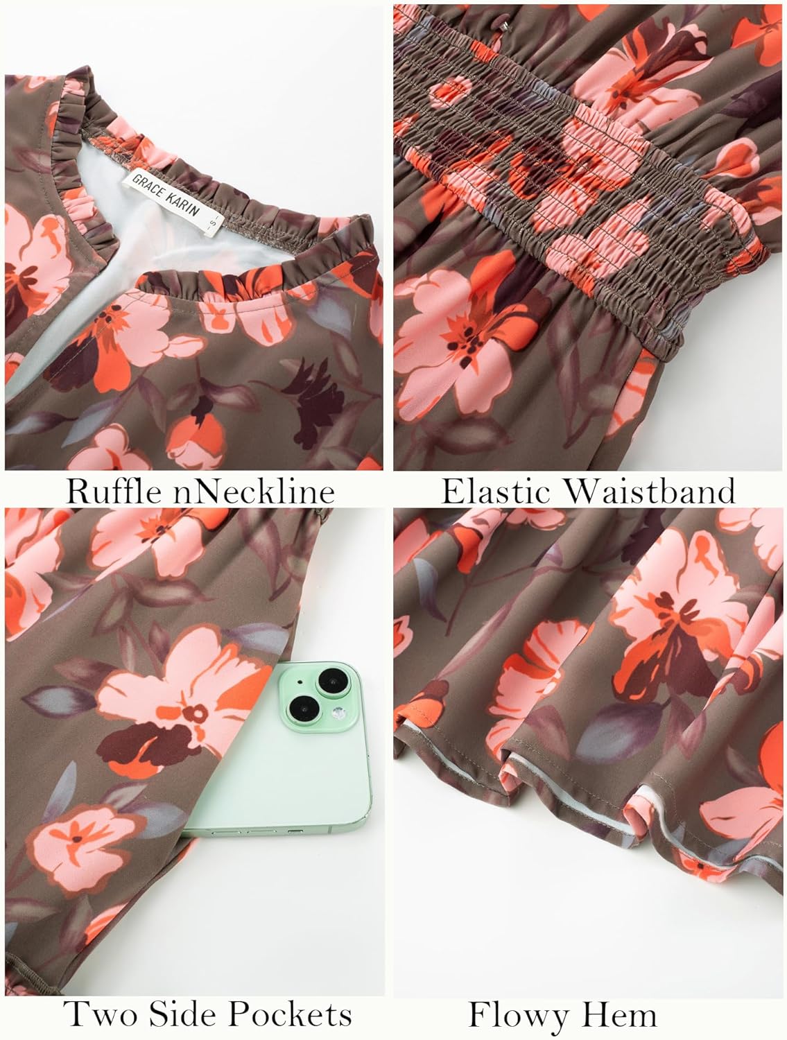 Women Long Sleeve Midi Dress, Boho Floral Casual Flowy A Line Dresses, Spring Elegant Classy Dress with Pocket - Image 4