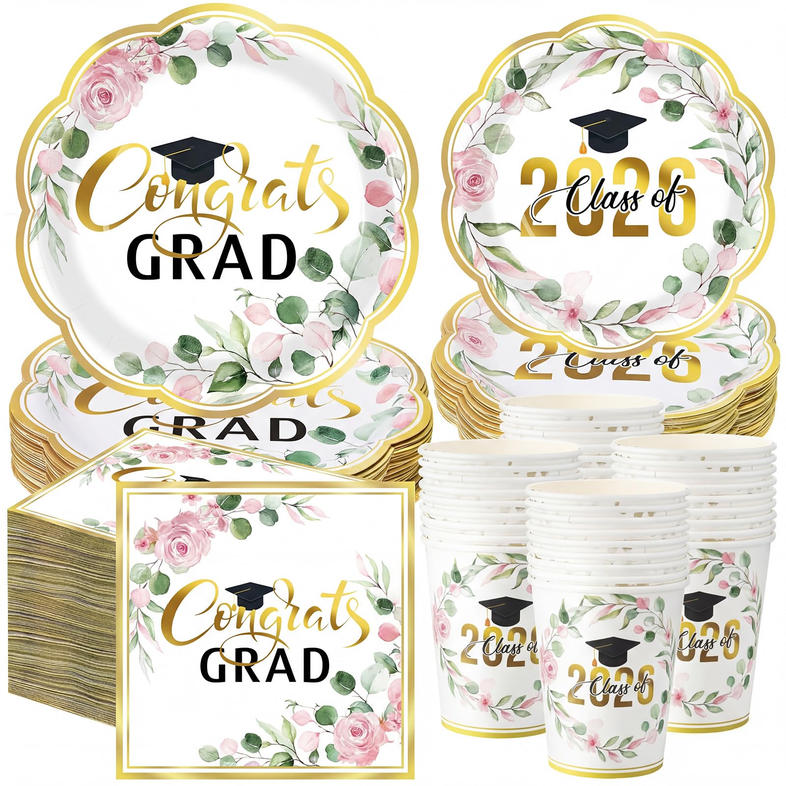 Pickmesh 250 Pcs Class of 2026 Graduation Party Supplies for 50, Pink and Gold Floral Congrats Grad Paper Plates Napkins Cups Disposable Graduation Party Tableware Set for Grad Table Decoration