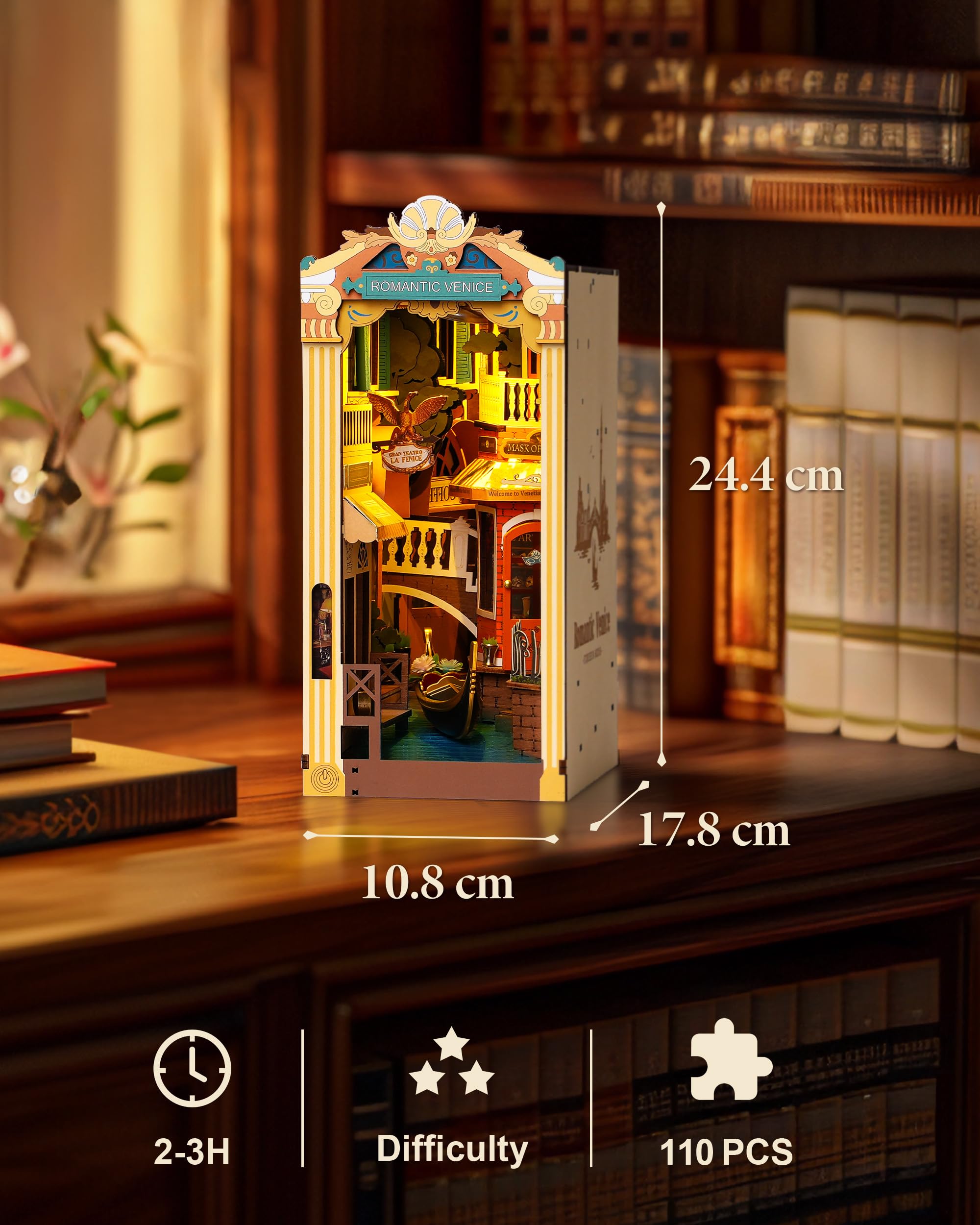 Book Nook Venise ROBOTIME Avec LED - Miniature à Construire, Décoration Étagère, Cadeau Créatif