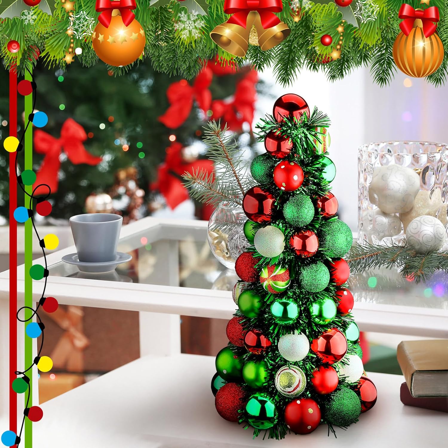 Civaner 16" Christmas Ball Tree Tabletop Decoration Small Xmas Table Decorative Tree with Shatterproof Red Lime Green White Balls Ornaments Xmas Tree Table Centerpiece for Holiday Party Decor Home