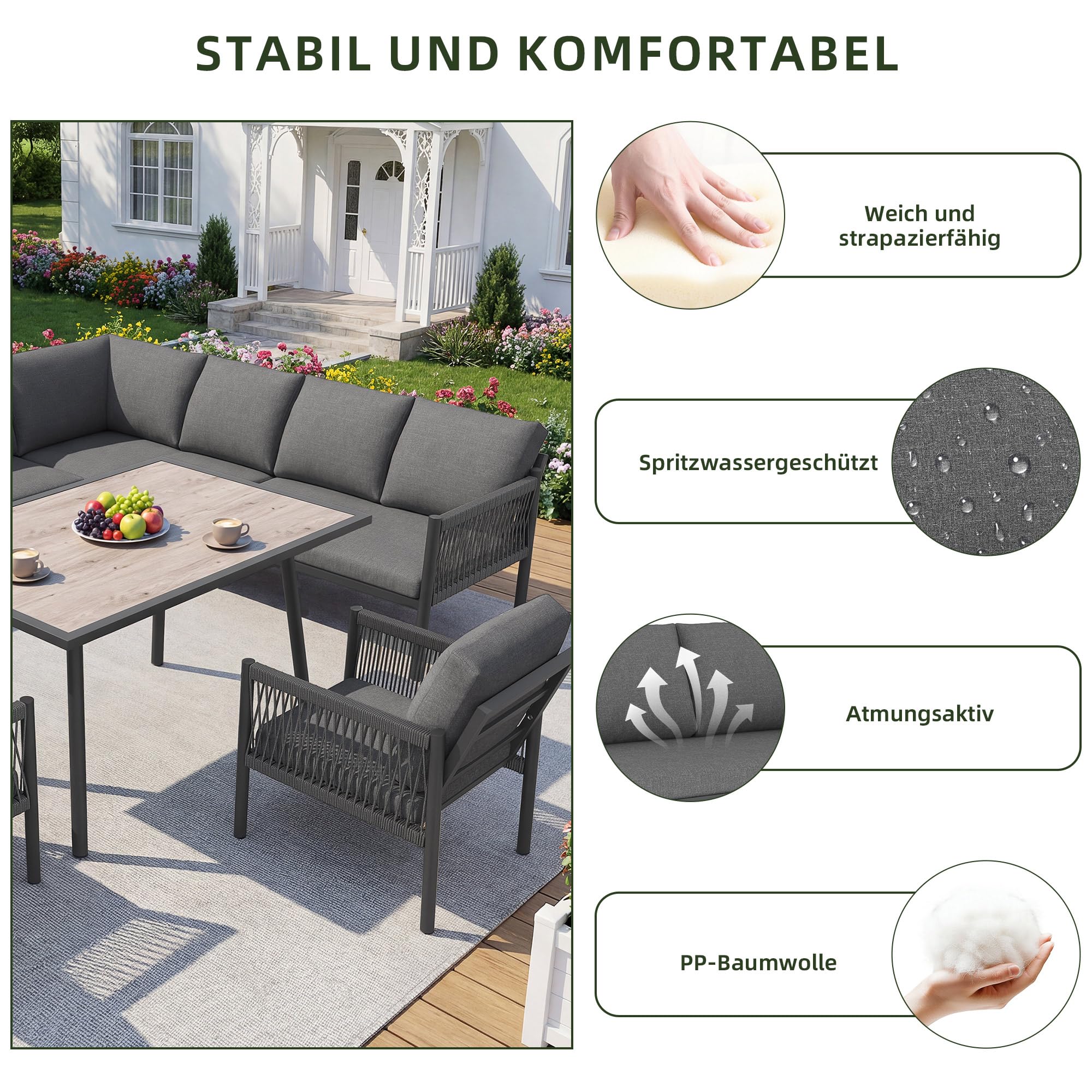 Conjunto de muebles de jardín para exteriores, sofá de jardín en forma de L para 7-8 personas, incluye 1 mesa con tablero de vidrio de imitación de madera y 2 sillones trenzados a mano, para
