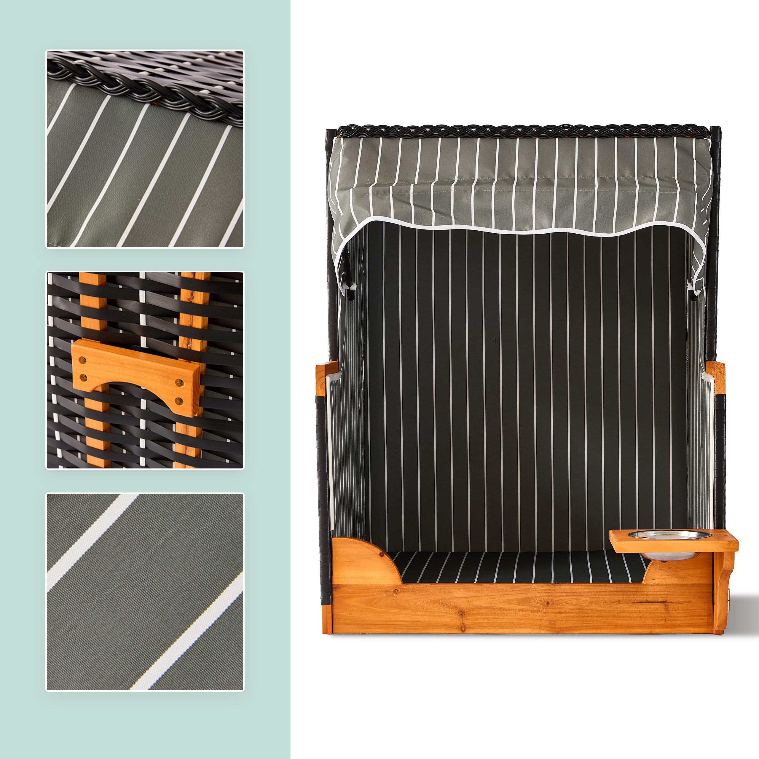 Relaxdays .ano per Cani in Rattan con Ciotola, tettuccio Parasole, 95x75x65 cm, Giardino/terrazza, Grigio