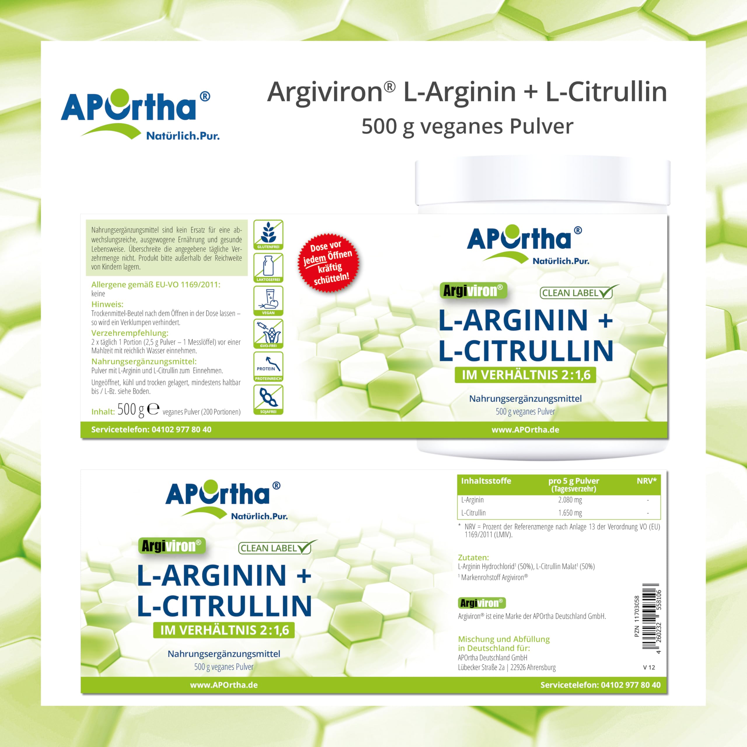 APOrtha® ARGIVIRON® L-Arginin + L-Citrullin 500 g veganes Pulver, Hochdosiert im Verhältnis von 2 zu 1,6 von L-Arginin zu L-Citrullin, allergenfrei, laktosefrei & glutenfrei