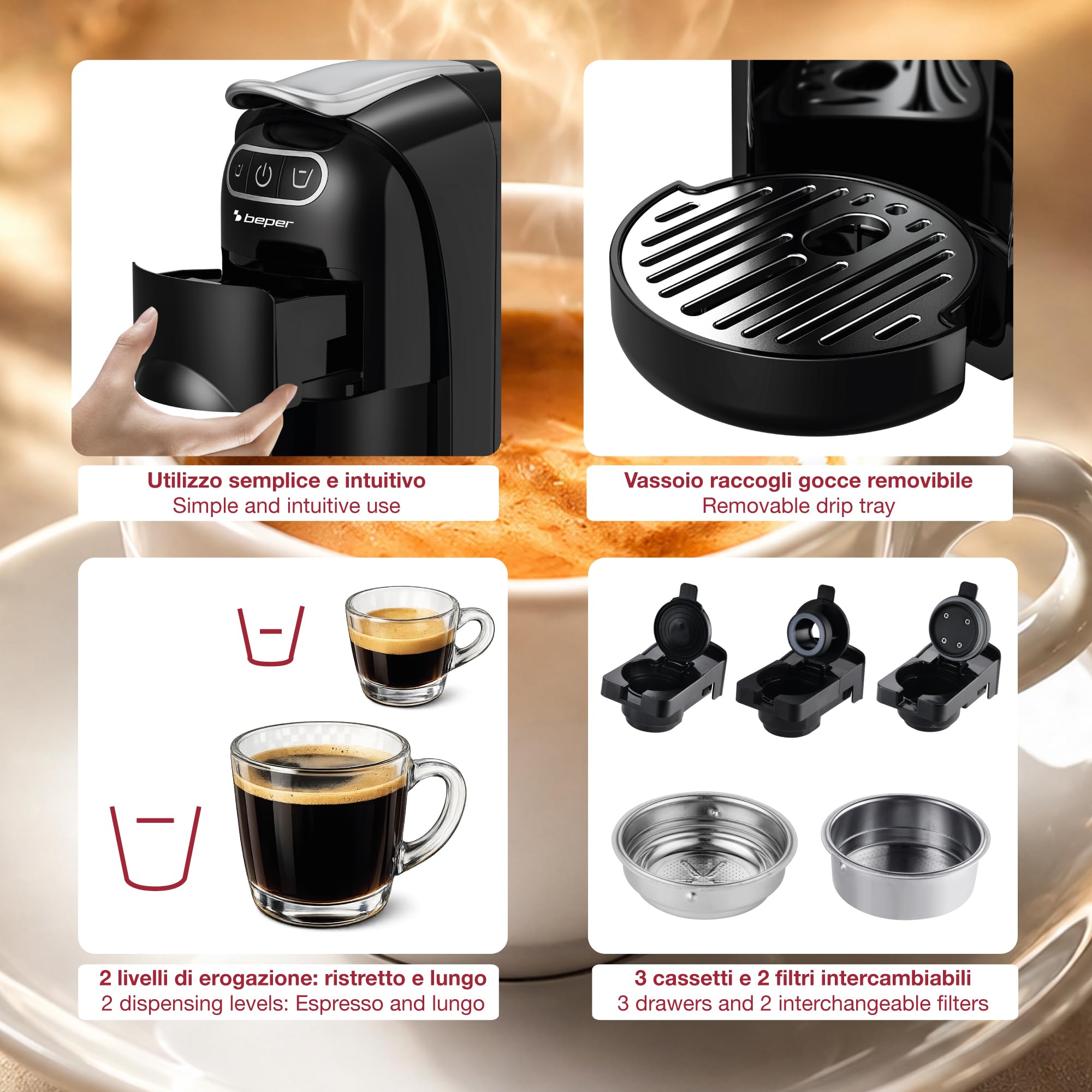 BEPER P101CAF200 Cafetera Espresso Amata 4 en 1, 20 bares, compatible con cápsulas Nespresso® y Dolce Gusto®, monodosis ESE y café molido, 1400 W, depósito de 700 ml