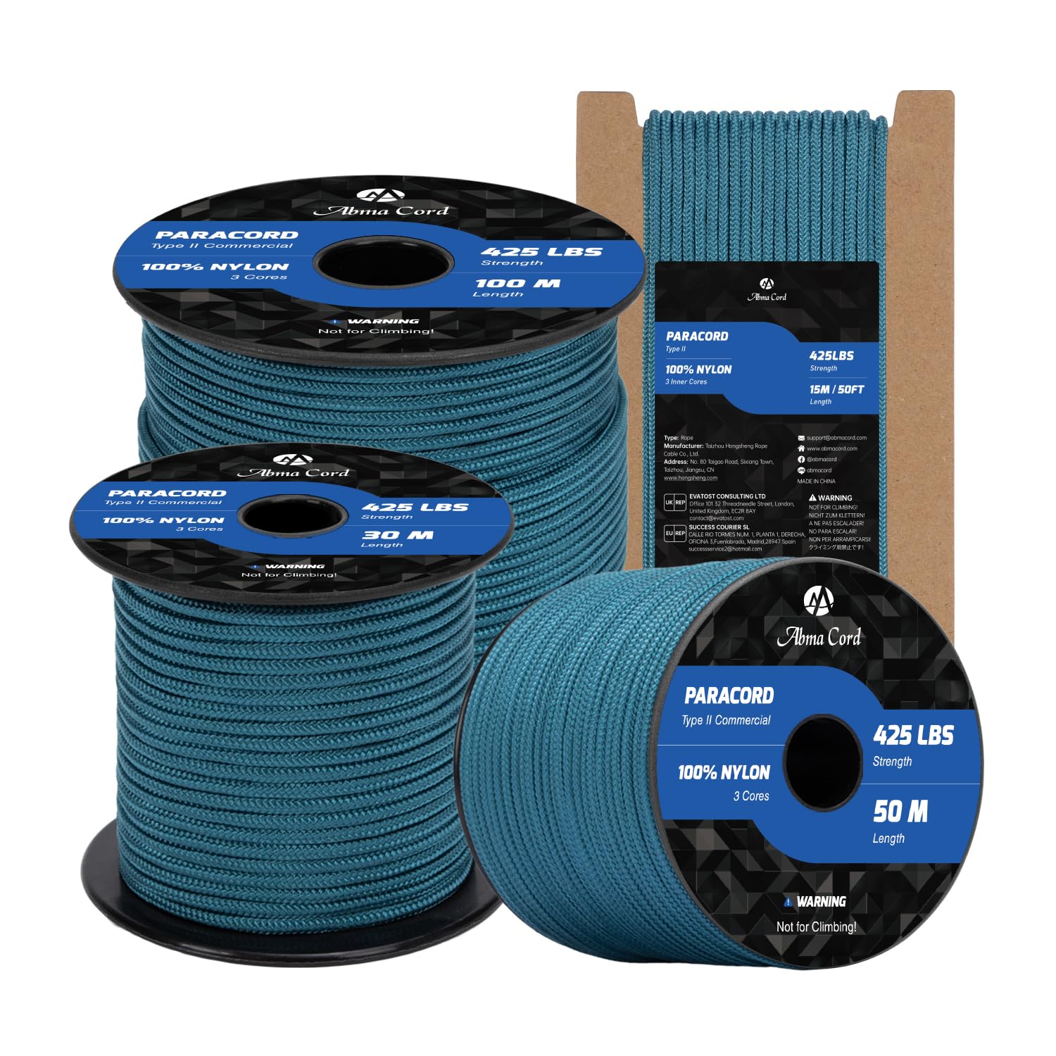 Abma Cord Paracord 3mm 15m 100% Nylon Rope Type II 3 Strands Parachute Cord - Max. 192kg (425lbs) - Teal