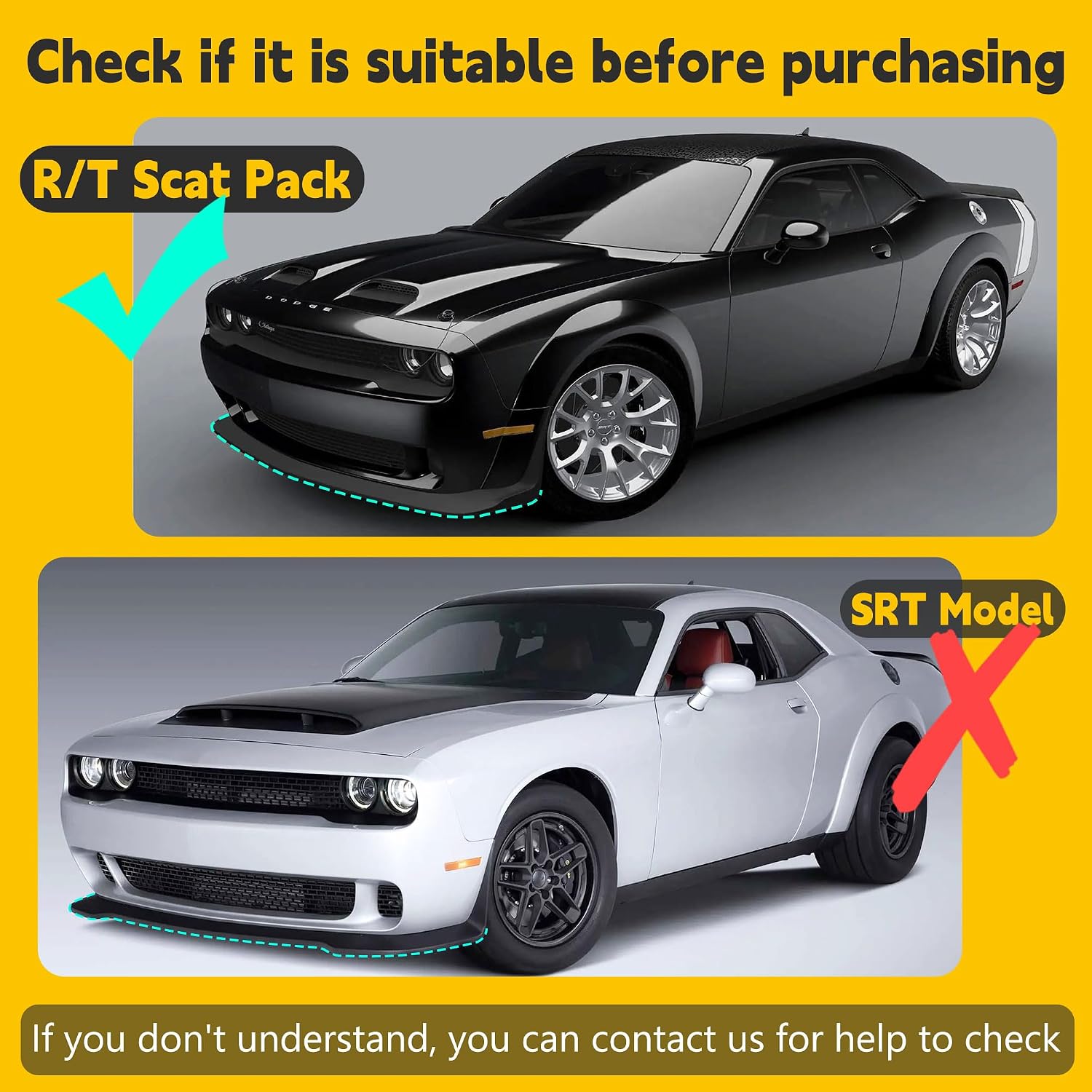 Front Bumper Lip Splitter Protector Cover, for Dodge Challenger 2015-2023, R/T GT SRT, 2 PCS, Black