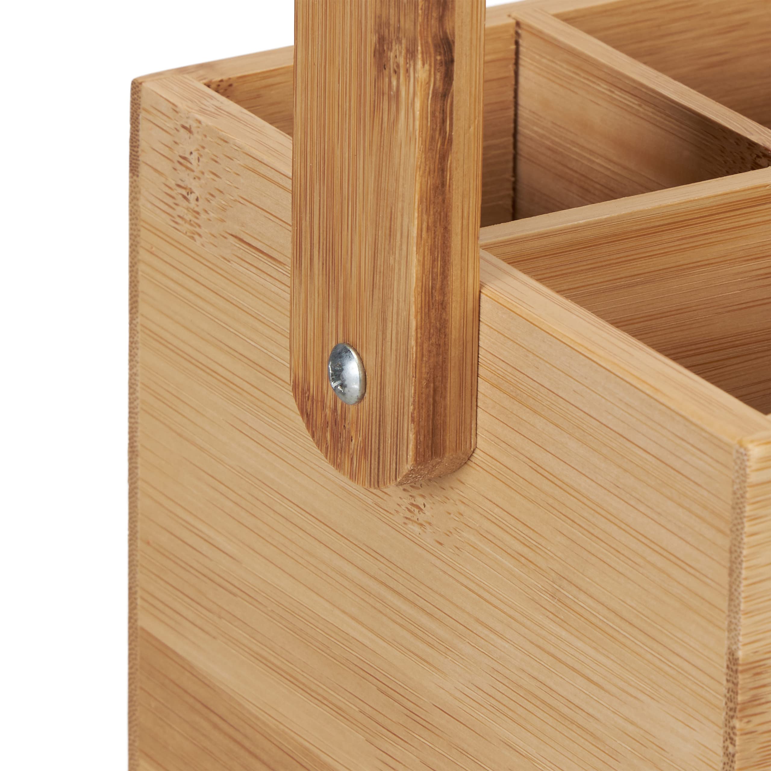 Relaxdays Bambú con Asa, 4 Espacios, 24 x 26 x 15 cm, Organizador de Escritorio y Porta Cubiertos, Natural