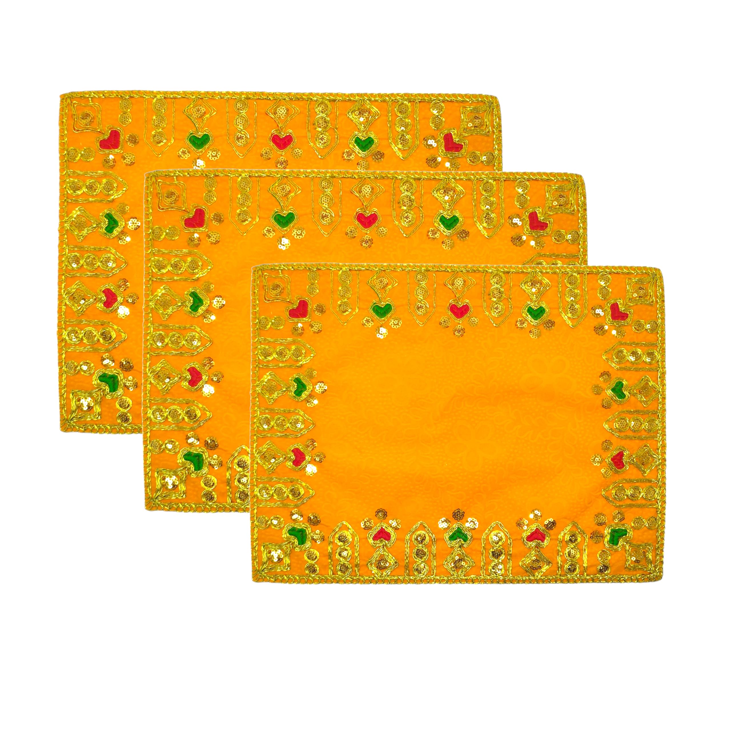 Achleshwar Designer Velvet Embroidered Pooja Aasan Cloth 9x12 inch Yellow | Chowki Aasan for God Idol | Mandir Table Altar Cover for Temple, Puja Shelf, Diwali Decoration Pack 0f 3