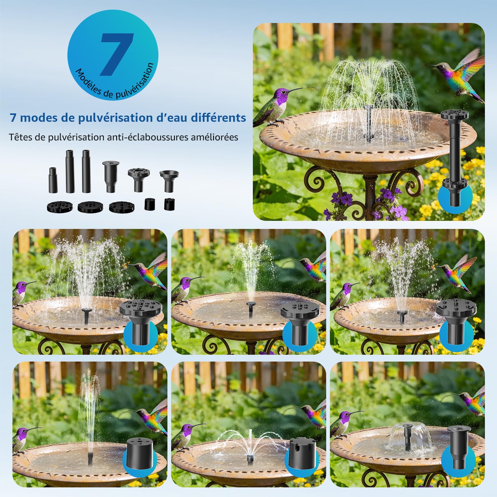 Pompe de Fontaine Solaire pour Bac à Oiseaux, 8.5W Pompe Solaire Extérieure avec 7+ Modes de Pulvérisation & 1.5m Tuyau, Pompe Solaire DIY pour Jardin, Bassins, Piscines et Aquariums