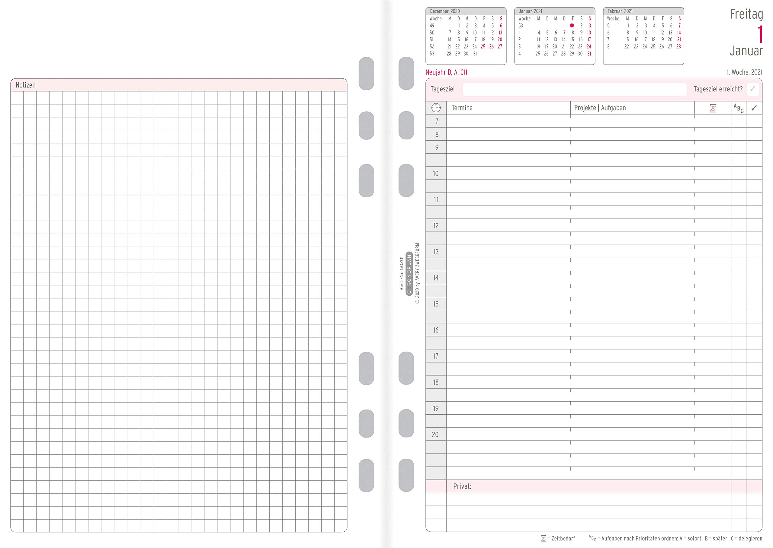 Chronoplan 50202 inserto calendario 2021, set annuale A5 con piani giornalieri (148x210mm), calendario sostitutivo, ideale per la pianificazione giornaliera professionale, multi-perforazione (1 giorno su 2 pagine), bianco;