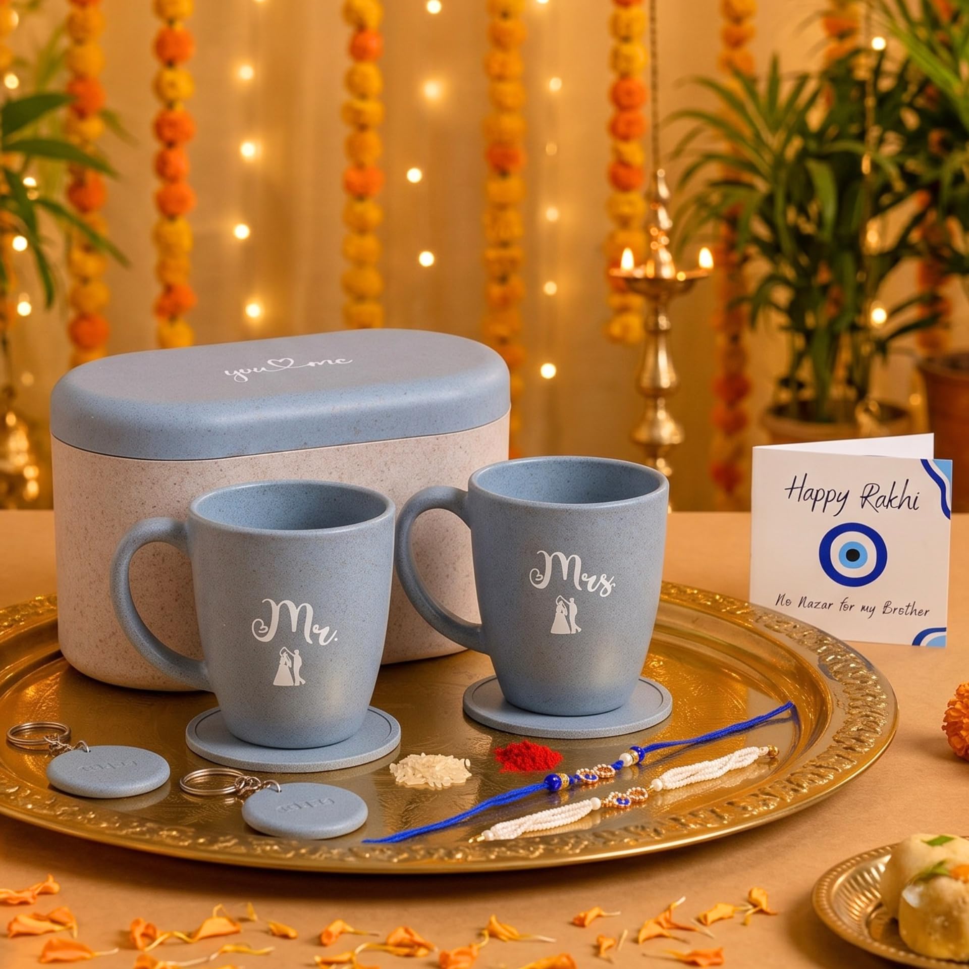 Eha Earth Friendly Rakhi for Brother and Bhabhi Gift Made with Rice Husk | Bhaiya Bhabhi Rakhi Set | Printed Mugs & Rakhi Hamper | Gift for Rakshabandhan