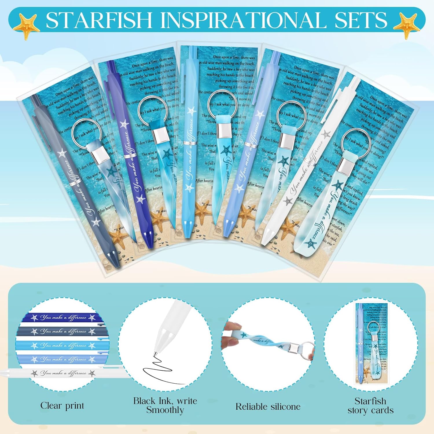 Sayglossy 120 Pcs Employee Appreciation Gifts Bulk Starfish Story Make a Difference Ballpoint Pens Starfish Silicon Keychain Motivational Card Thank You Gift for Coworker Teacher Volunteer