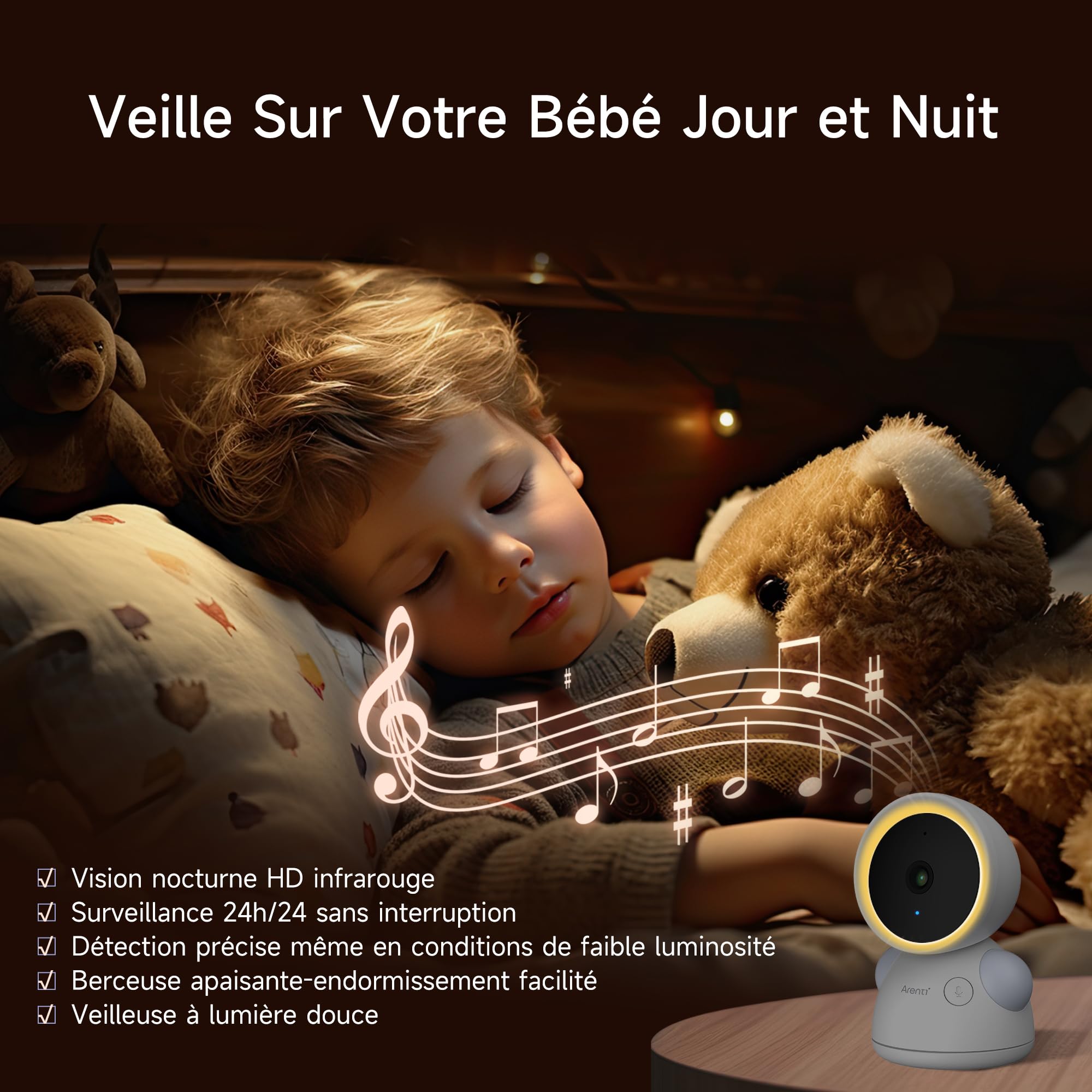 ARENTI Babyphone Caméra 2K 3MP, 5" Moniteur, Caméra Surveillance Bébé WiFi, Détection Intelligente, Audio Bidirectionnel, Vision Nocturne, Veilleuse, Berceuses, Détection de la Température/l'Humidité