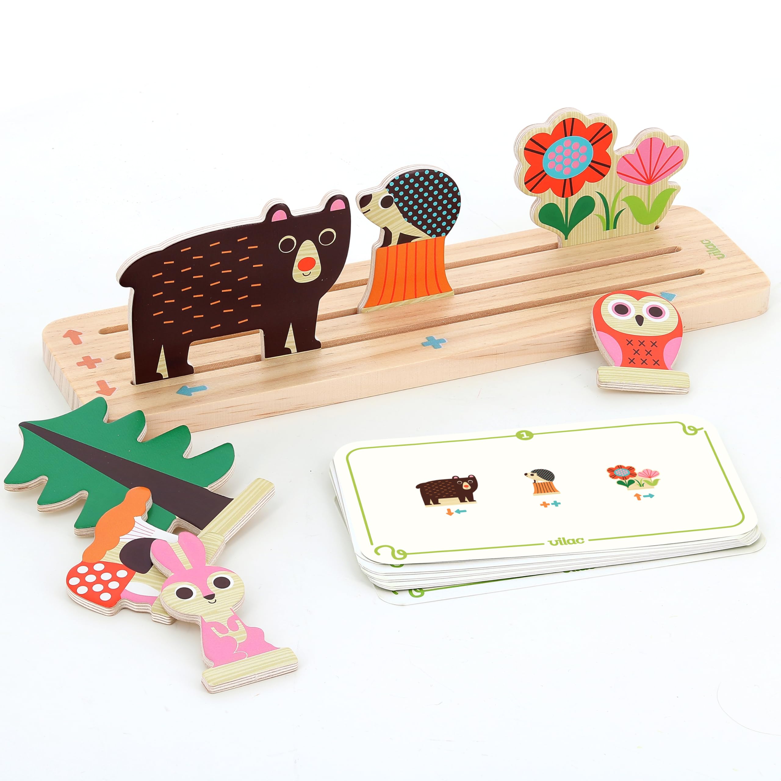 VILAC - Oussassplass La foresta - Ingela P.Arrhenius - 9 pezzi in legno + 60 carte da gioco con livelli di difficoltà evolutivi - Giochi di risveglio per bambini in legno - dai 3 anni - 7634