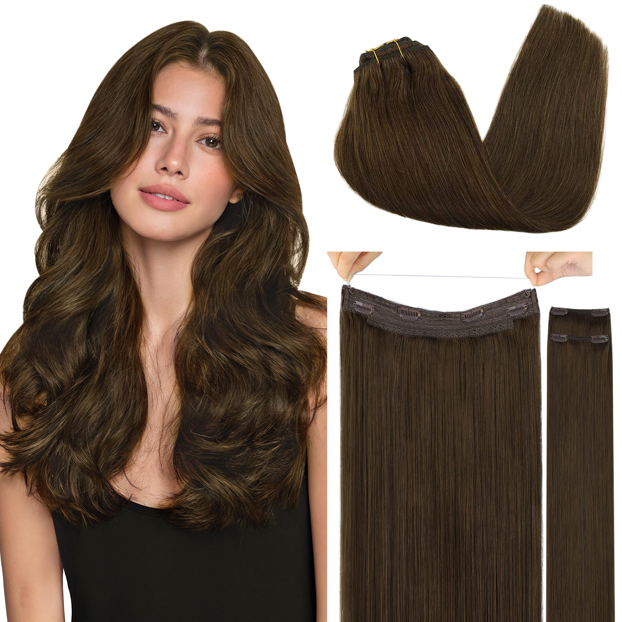 GOO GOO Wire Hair Extensions Human Hair, 4A Chocolate Brown Natural 12inch 100g, Invisible Wire Hair Extensions with Transparent, Seamless Fish Line