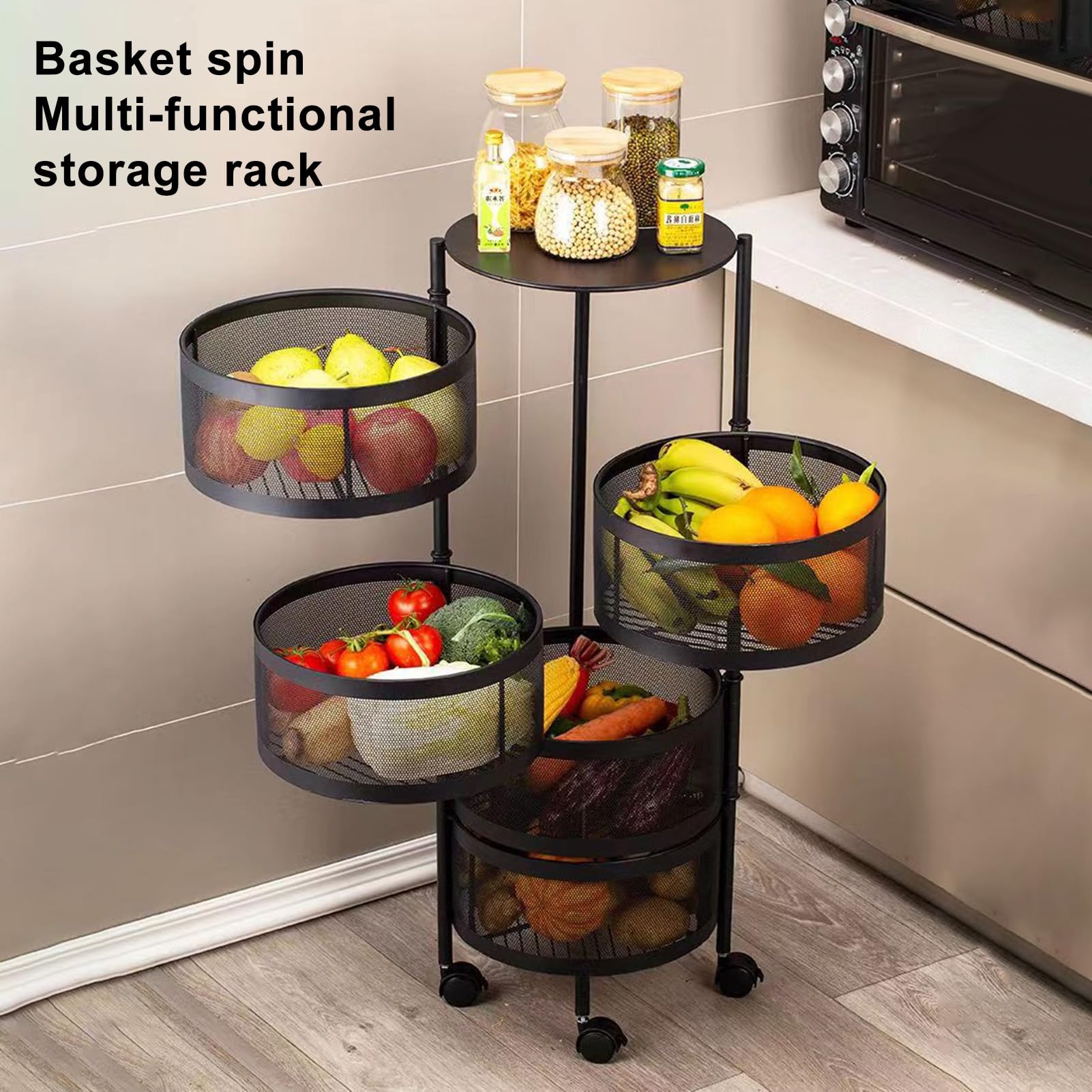 Cuencos de cesta de frutas y verduras para cocina, cesta giratoria circular de 5 niveles con ruedas, estante de alambre de metal para frutas y verduras, carrito de almacenamiento rodante de