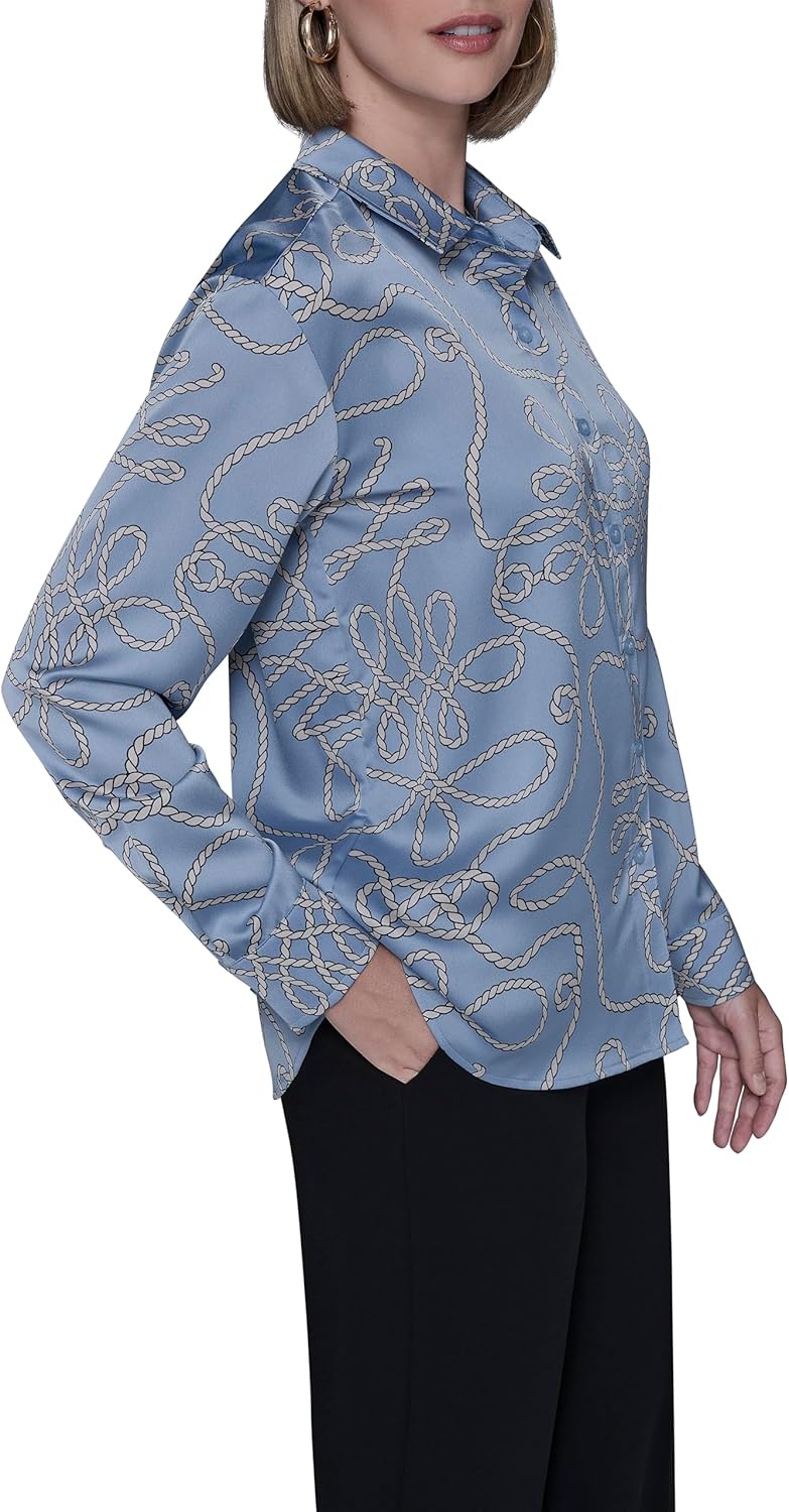 Karl Lagerfeld Women's Long Sleeve Printed Everyday Essential Button Down