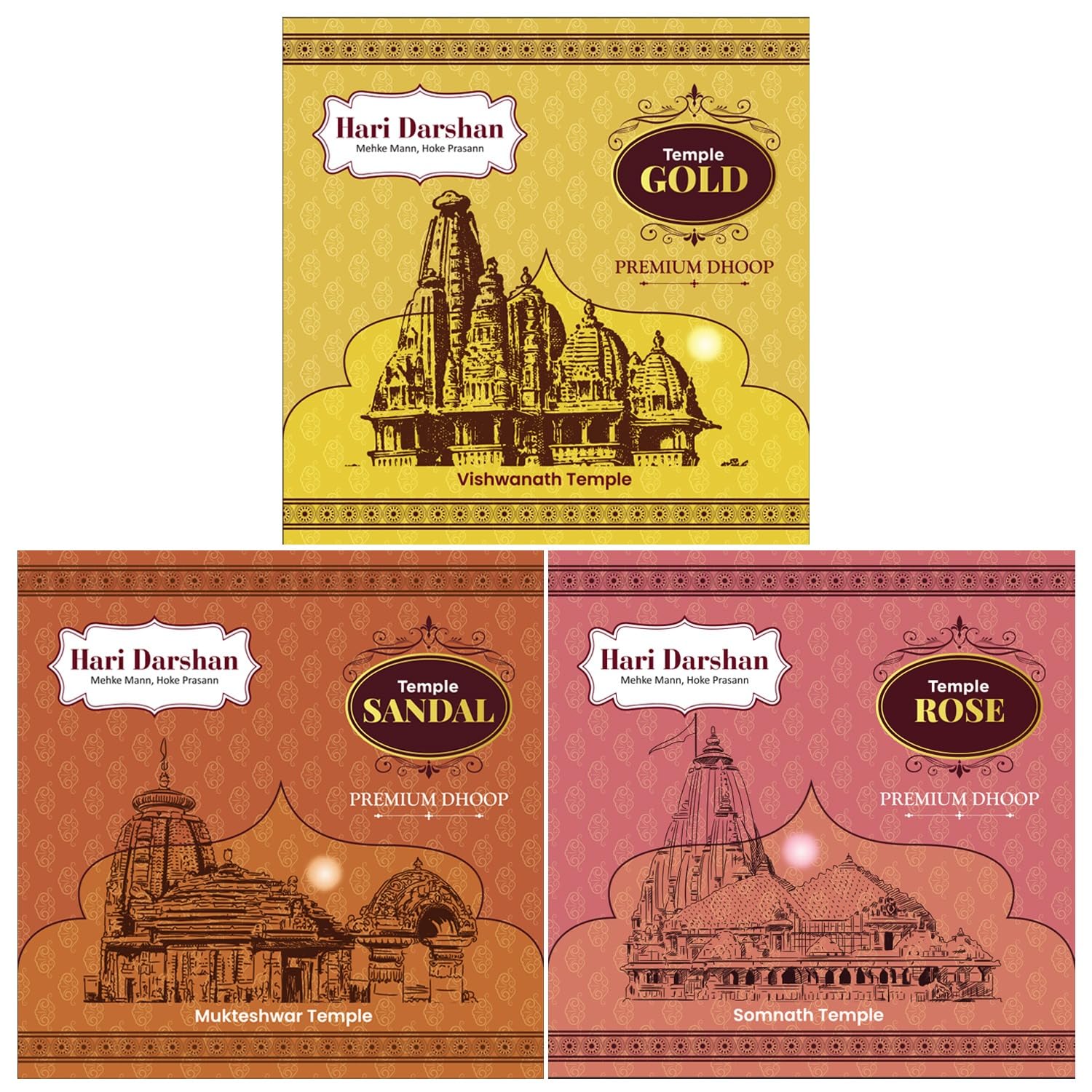 Hari Darshan Premium Dhoop Combo (Pack of 3, 100g Each) | Natural Dhoop with Long-Lasting Fragrance | Rose Sandal Gold | Spiritual Dhoop for Puja Essential & Meditation
