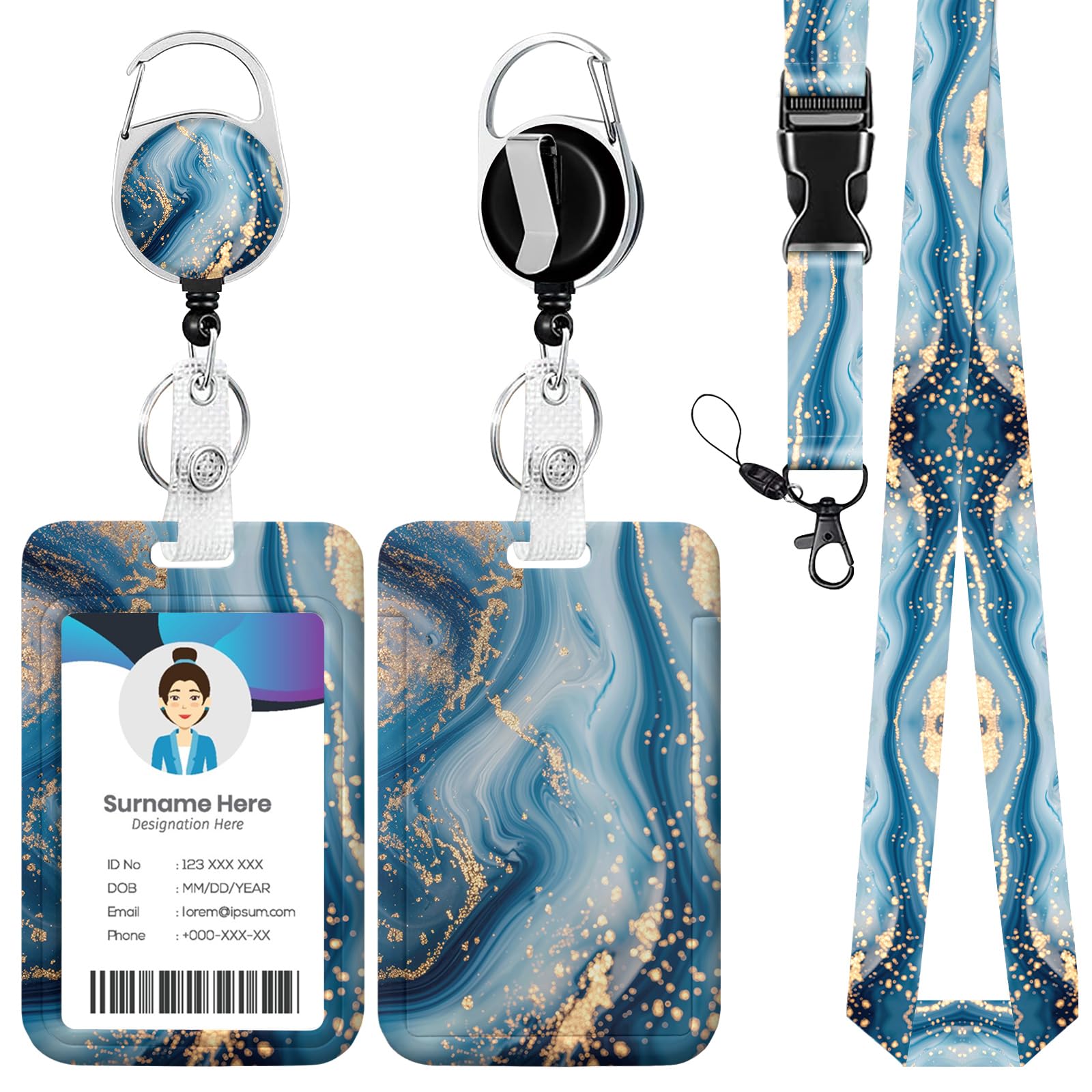 Blue Gold Marble ID Badge Holder with Lanyard, Retractable Lanyards for ID Badges Name Tag Clips, Funny Nurse Teacher Office Student Gift