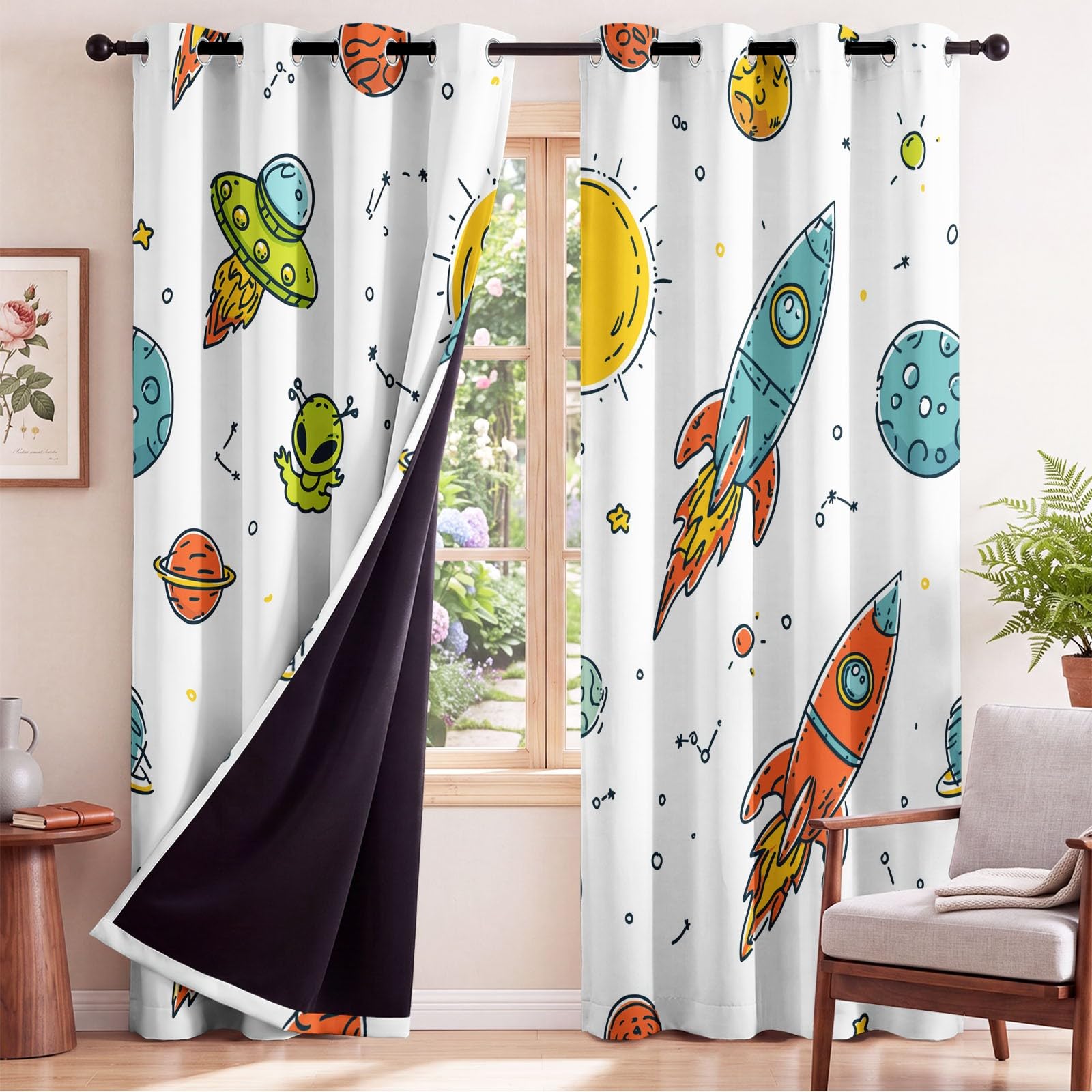 Space Kids Cortinas 95% opacas para oscurecer la habitación, con cohete alienígena, sol, estrellas, universo, tema espacial infantil, cortinas de ventana con aislamiento térmico para dormitorio, 52 x