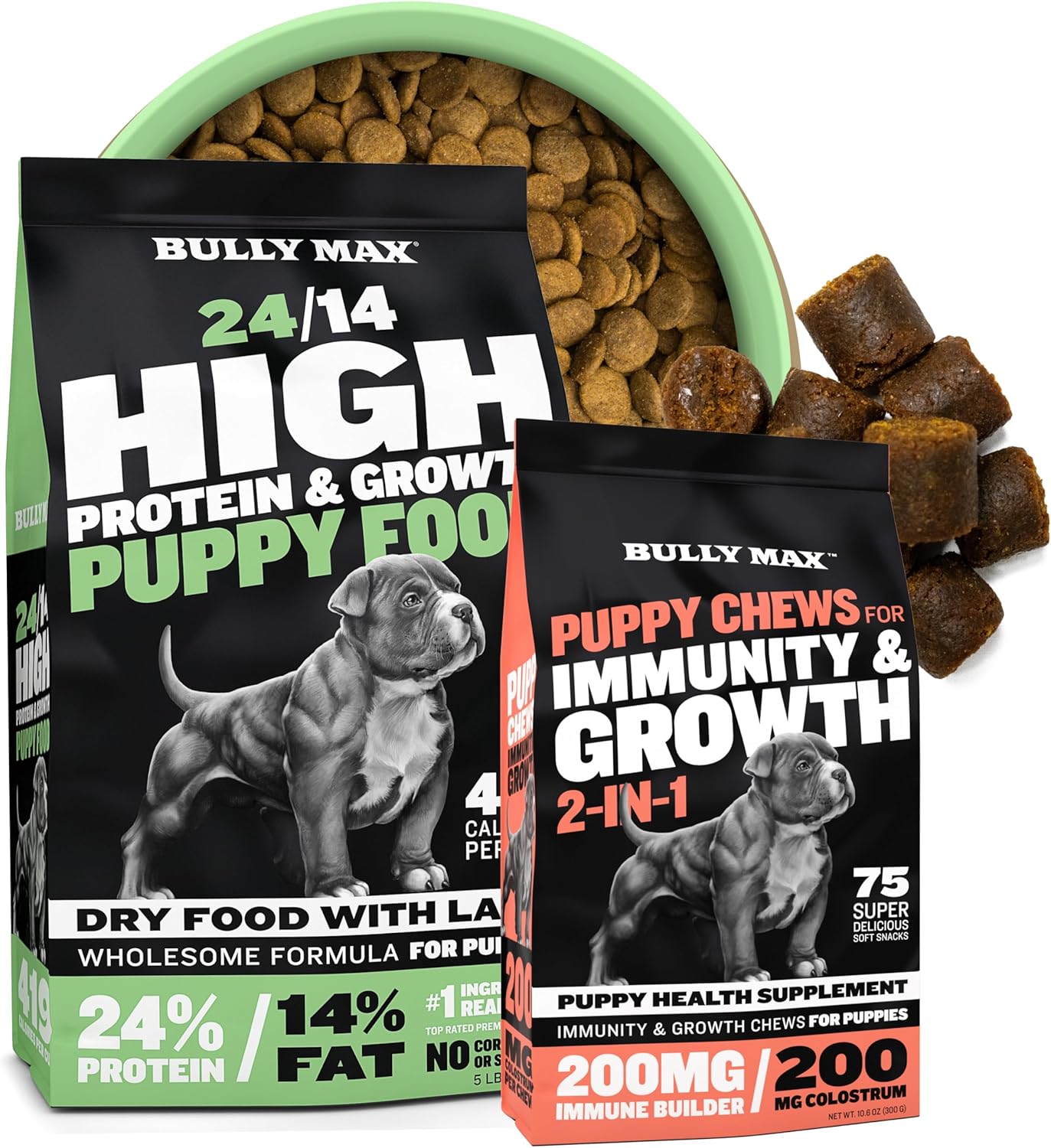 Bully Max 2-in-1 Puppy Chews & 24/14 High Protein Puppy Food (5lbs.) Bundle – Lamb & Rice Kibble with Colostrum-Fortified Soft Chews for Growth, Digestive Health & Immune Support in All Breed Puppies