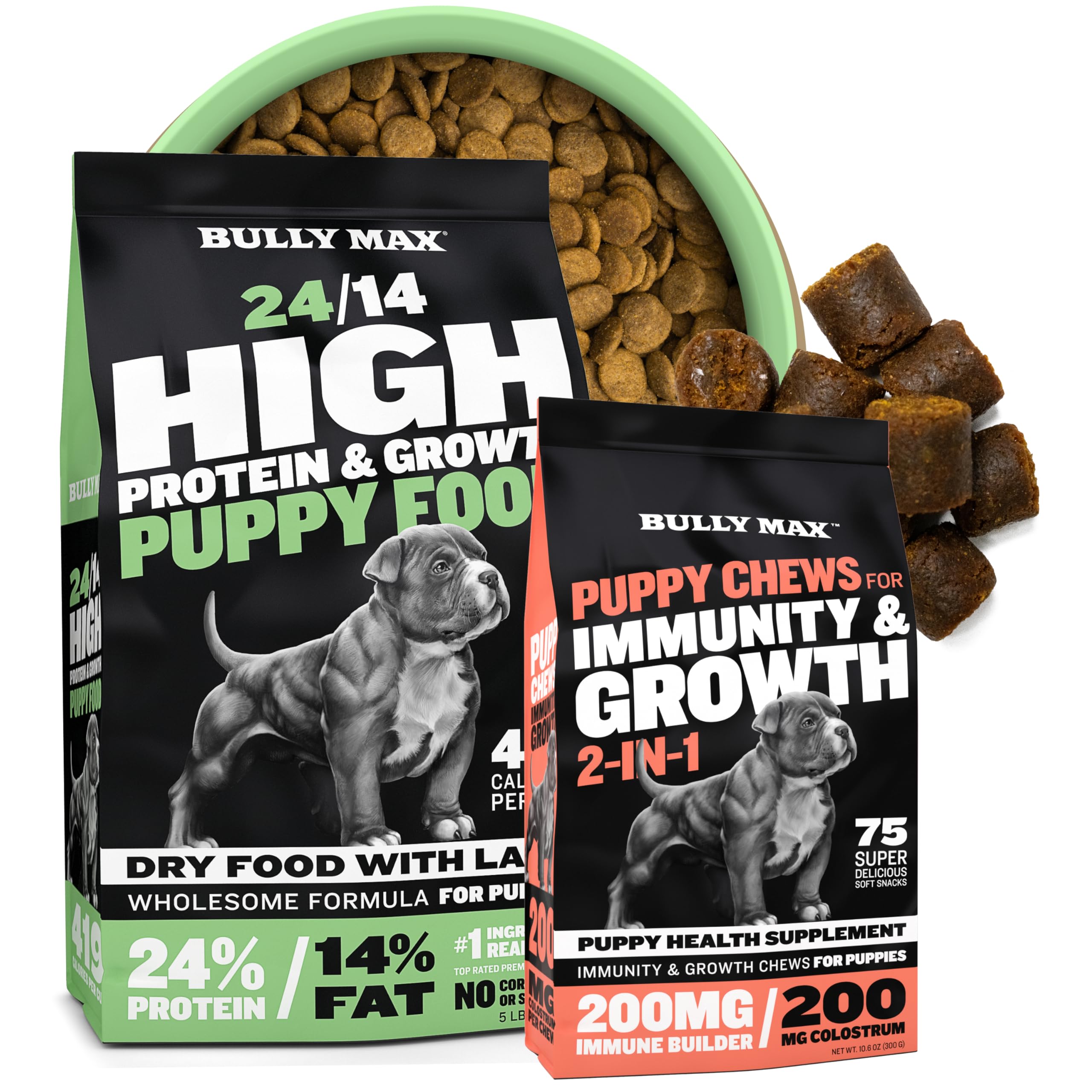 Bully Max 2-in-1 Puppy Chews 24/14 High Protein Puppy Food Bundle  – Lamb Rice Kibble with Colostrum-Fortified Soft Chews for Growth