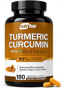 NutriFlair Turmeric Curcumin with BioPerine - 1300mg, 180 Capsules - 95% Standardized Curcuminoids Turmeric Supplement Extract with Black Pepper for Optimal Absorption - 180 Capsules