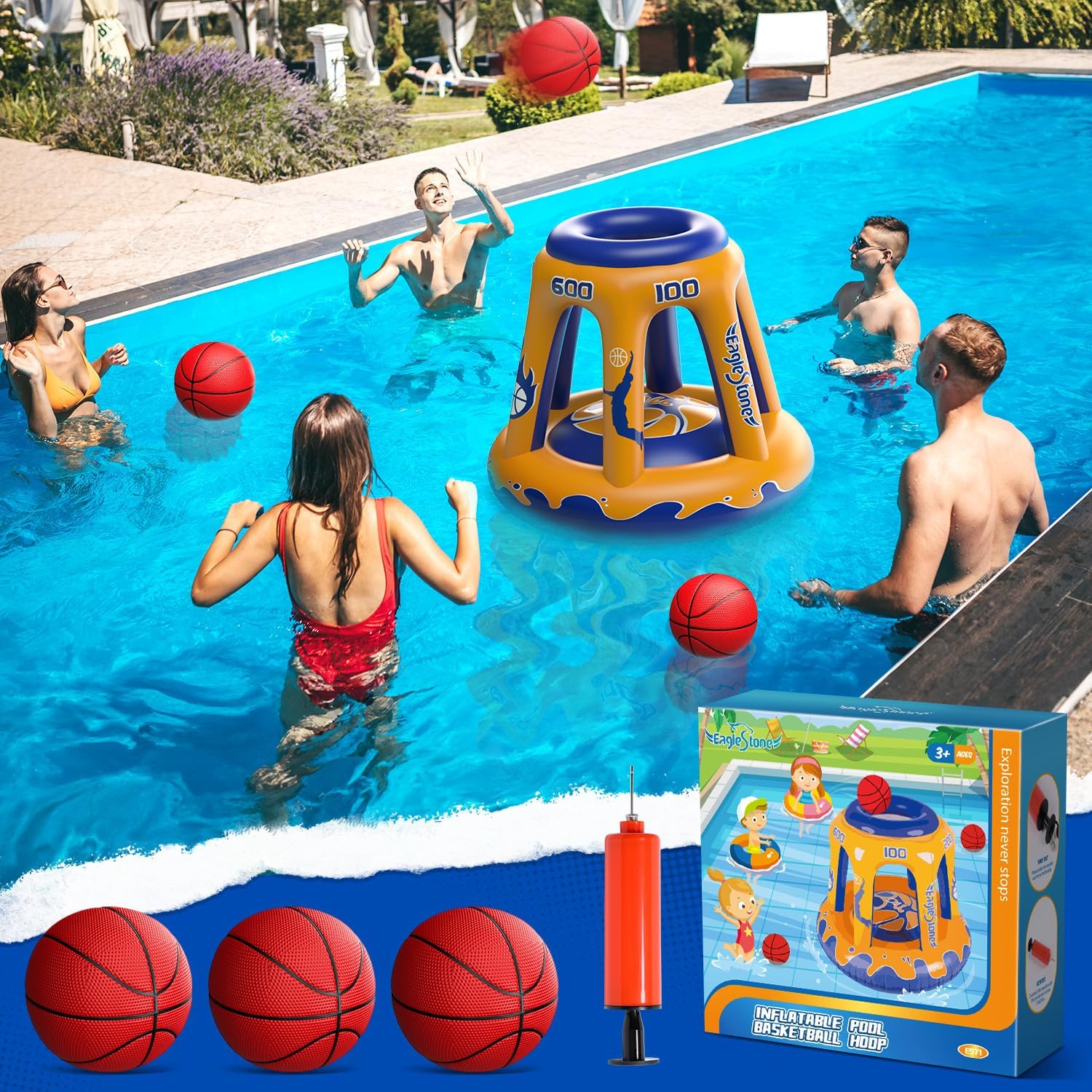 EagleStone Inflatable Floating Basketball Hoop - 47" Pool Toy for Kids Ages 4-8 & 8-12, 3 Basketballs/Pump, Summer Outdoor Water Game, Yellow water sports image 7 of 7 B0CQNZ7DQ2