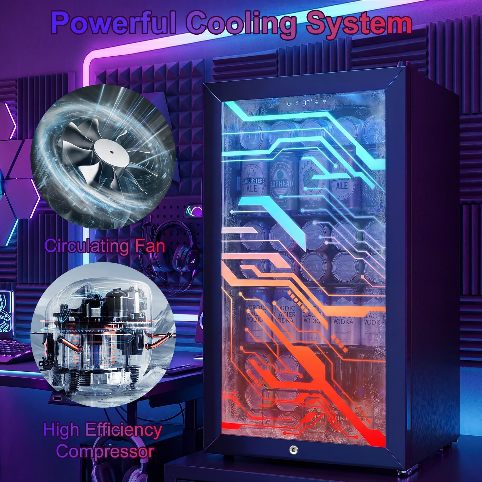 Velieta Beverage Refrigerator With LED Light Up Door – 128 Can Freestanding Drink Fridge, Small Beer Cooler With 4 Removable Shelves, Child Safety Lockfor Gaming Room Home Bar Party,Cyberpunk on Fridge.com - View 6