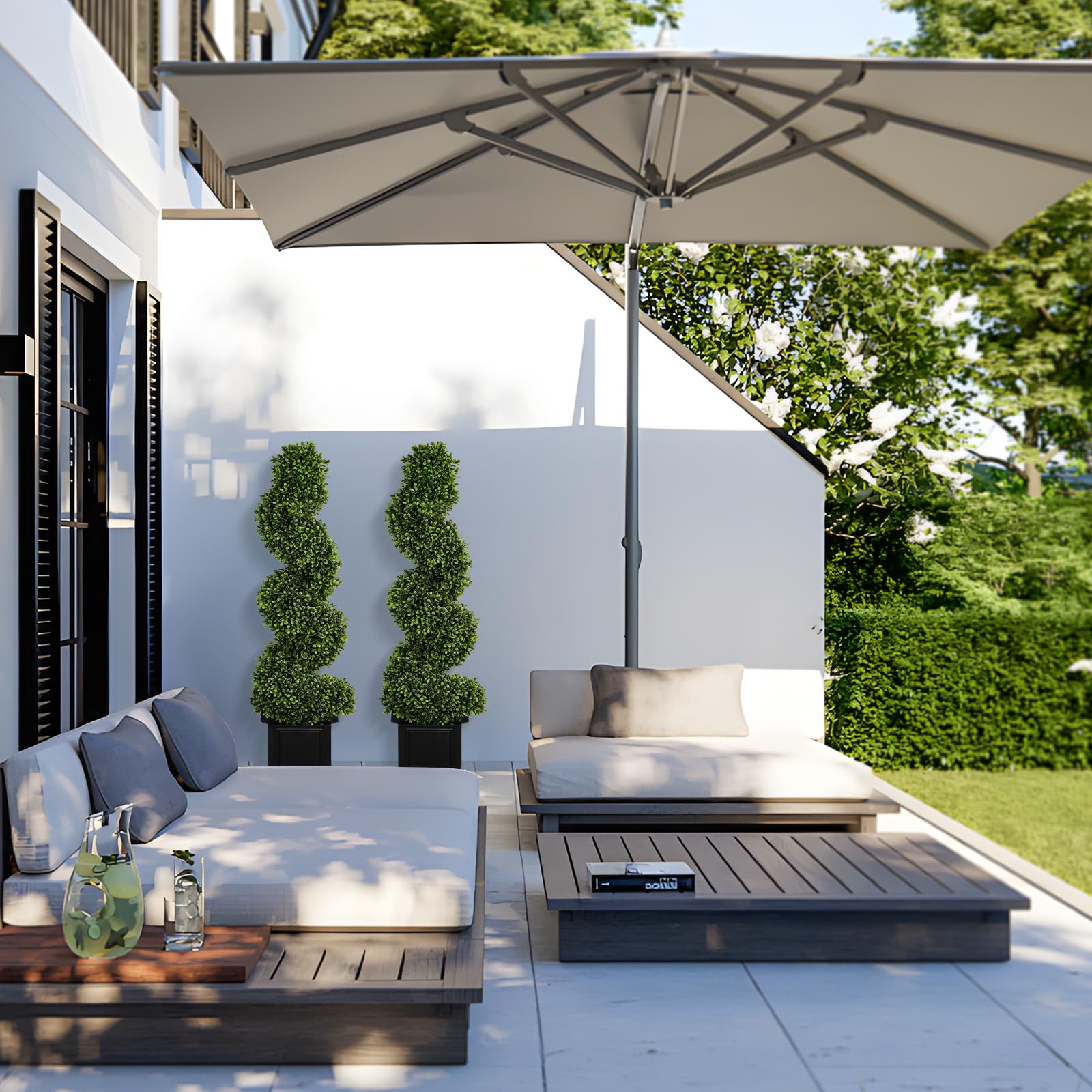 Lot de 2 topiaires d'extérieur en buis Artificiel, 1,2 m de Haut, Arbres de Porche extérieurs, Fausses Plantes topiaires Vertes Toute l'année, Arbres artificiels d'extérieur avec Pot Robust