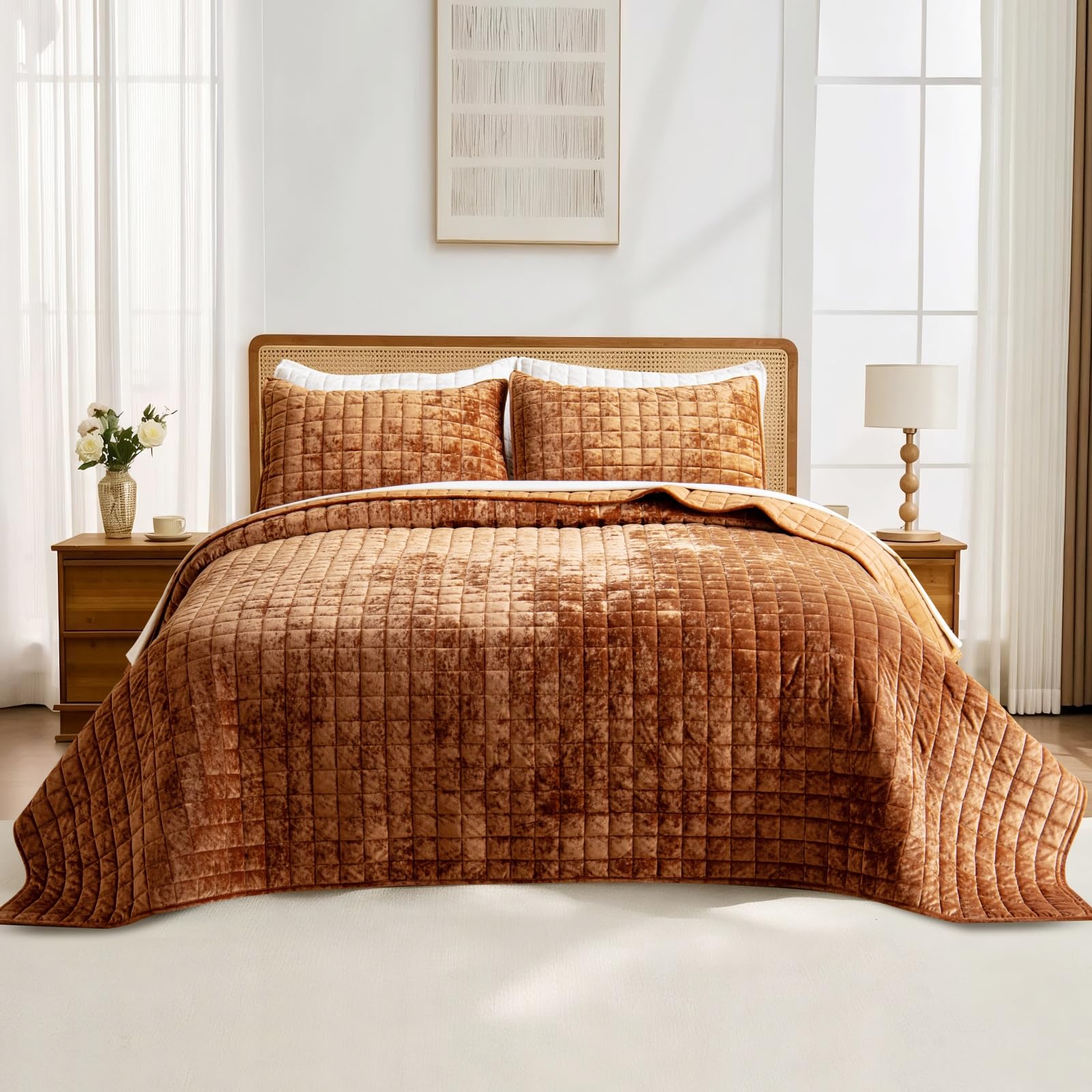 Kekehoon Velvet Quilt, Lightweight Velvet Comforter Set with 2 Pillow Shams, Soft Oversized Bedspread Coverlet Quilted Bedding Set for All Season Caramel 230x250