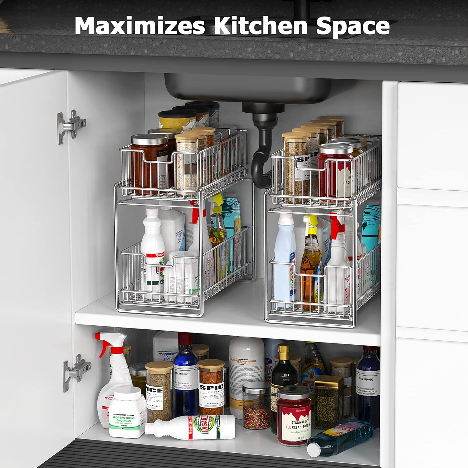 Under Sink Organizer, 2-Tier Cabinet Organizer for Kitchen/Bathroom Countertop Organizer with Pull Out Basket Sliding Storage Drawer for Cupboard Cabinet - SGPOR01S by STEELGEAR