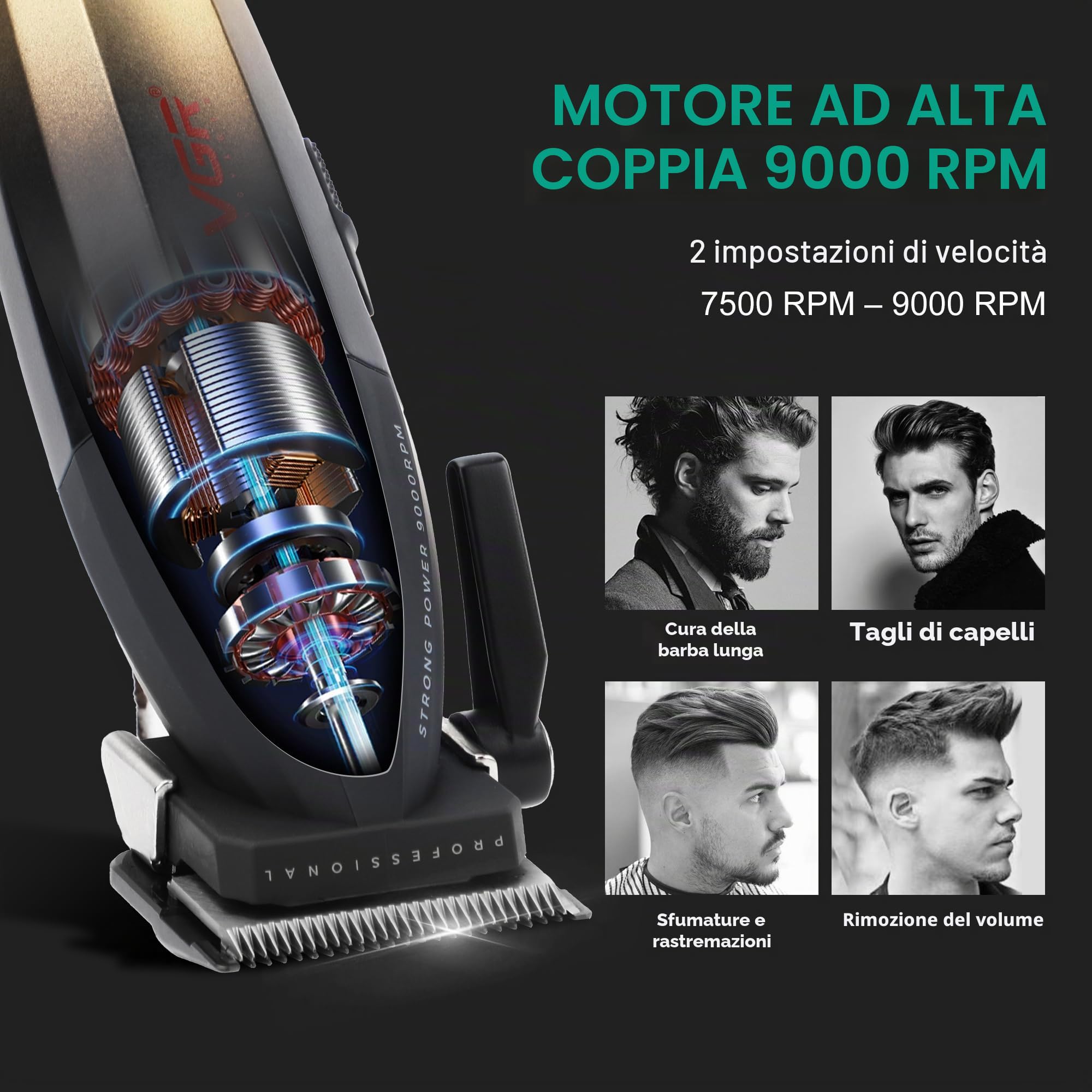 VGR Tagliacapelli professionale da uomo, kit senza fili, 9000 giri/min, macchina da barbiere per taglio di capelli da uomo, tagliacapelli lungo, leva conica, ricaricabile tramite batteria USB-C da 250