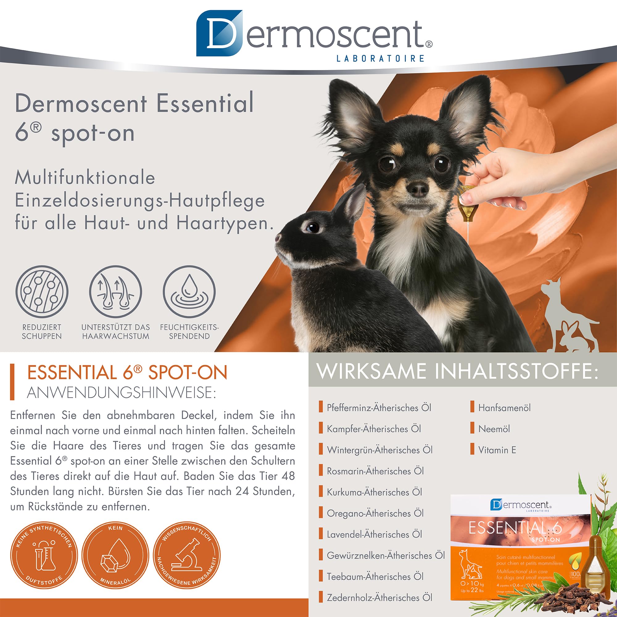 Dermoscent Essential 6 Spot-On | 4 x 0,6 ml | Für kleine Hunde, Katzen und Kleintiere | Kann zur Linderung von Juckreiz beitragen | Mit Vitamin E | Mühelose Anwendung