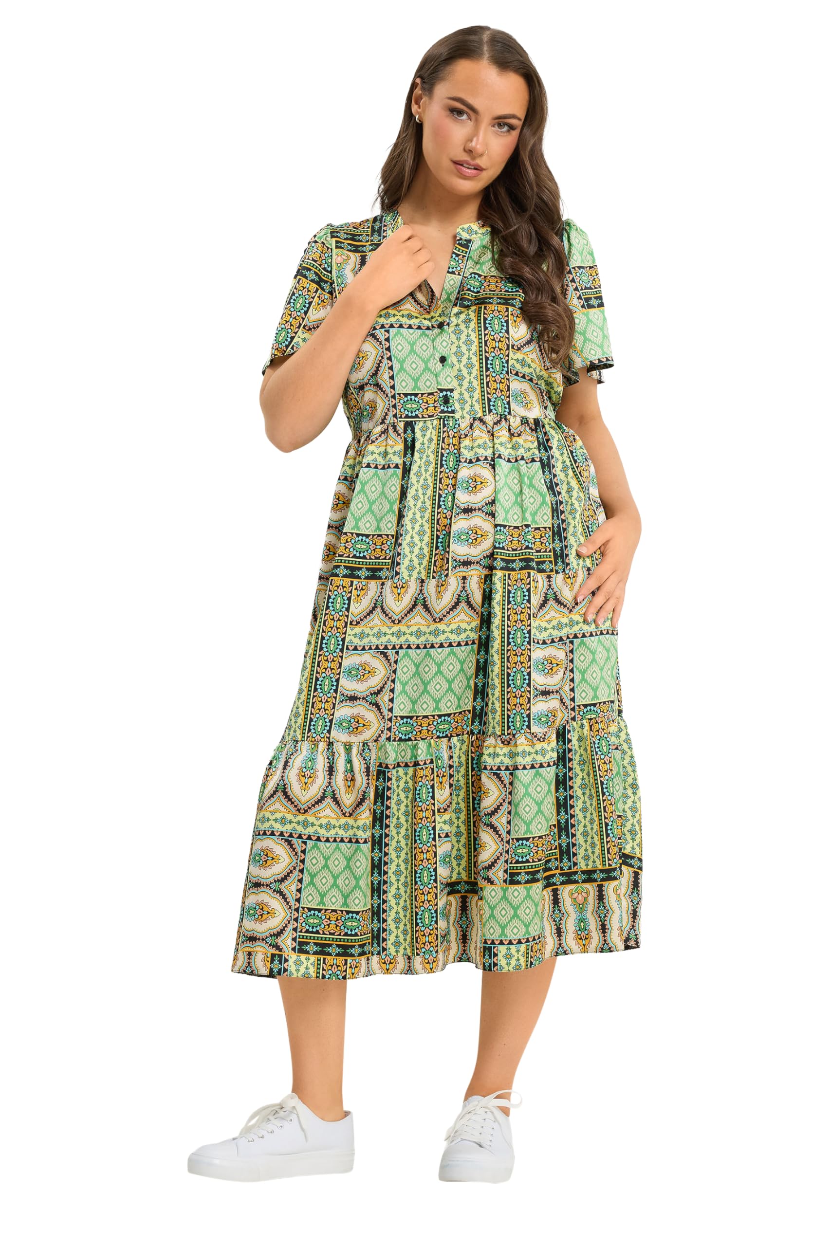 Yours - Women's Dress - Patchwork - V-Neck - Midi Length - Green - Size 26-28