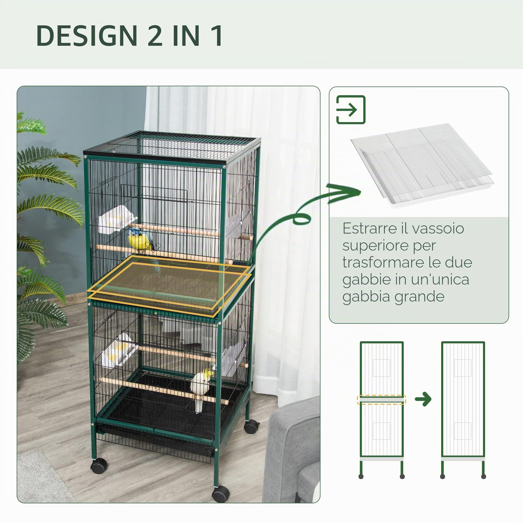 PawHut Gabbia per uccelli autoportante grande - voliera doppia con mangiatoie, posatoi, vassoio estraibile - rotelle - 51,5 x 50 x 140 cm verde nero