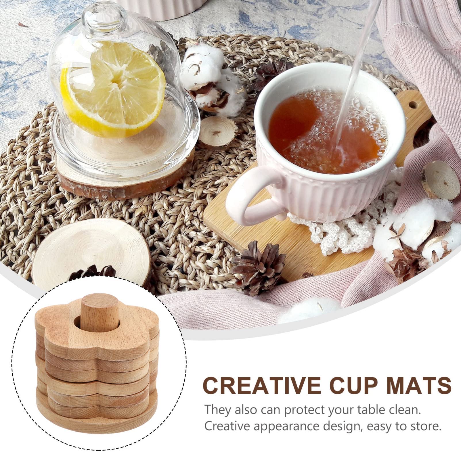 Posavasos de Madera en Forma de Flor, 7 Piezas, Khaki | Antideslizante y Diseño Grueso, para Copas de Vino y Tazas de Té, Uso sobre Mesa