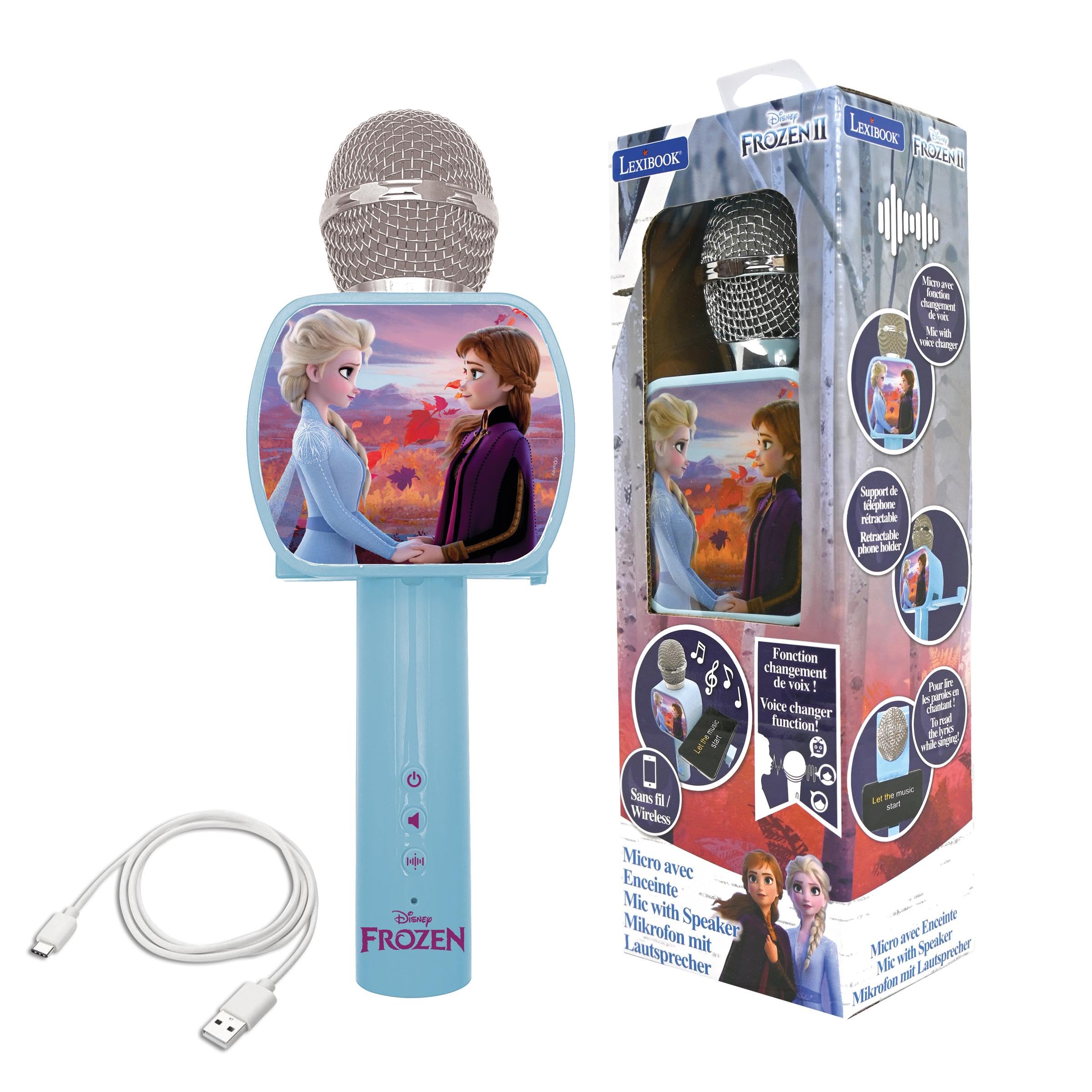 LEXIBOOK, Frozen, Bluetooth® Microphone with Voice changer function, Phone holder included, built-in speaker, Blue, MIC240FZLXB