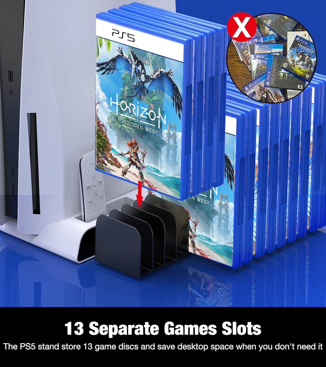 CYKOARMOR PS5 Cooling Station with Dual Fast Controller Charger for P5 Console, PS5 Accessories Vertical Base with Cooler Fan, PS5 Stand with Charging Dock and 13 Game Holder Storage White