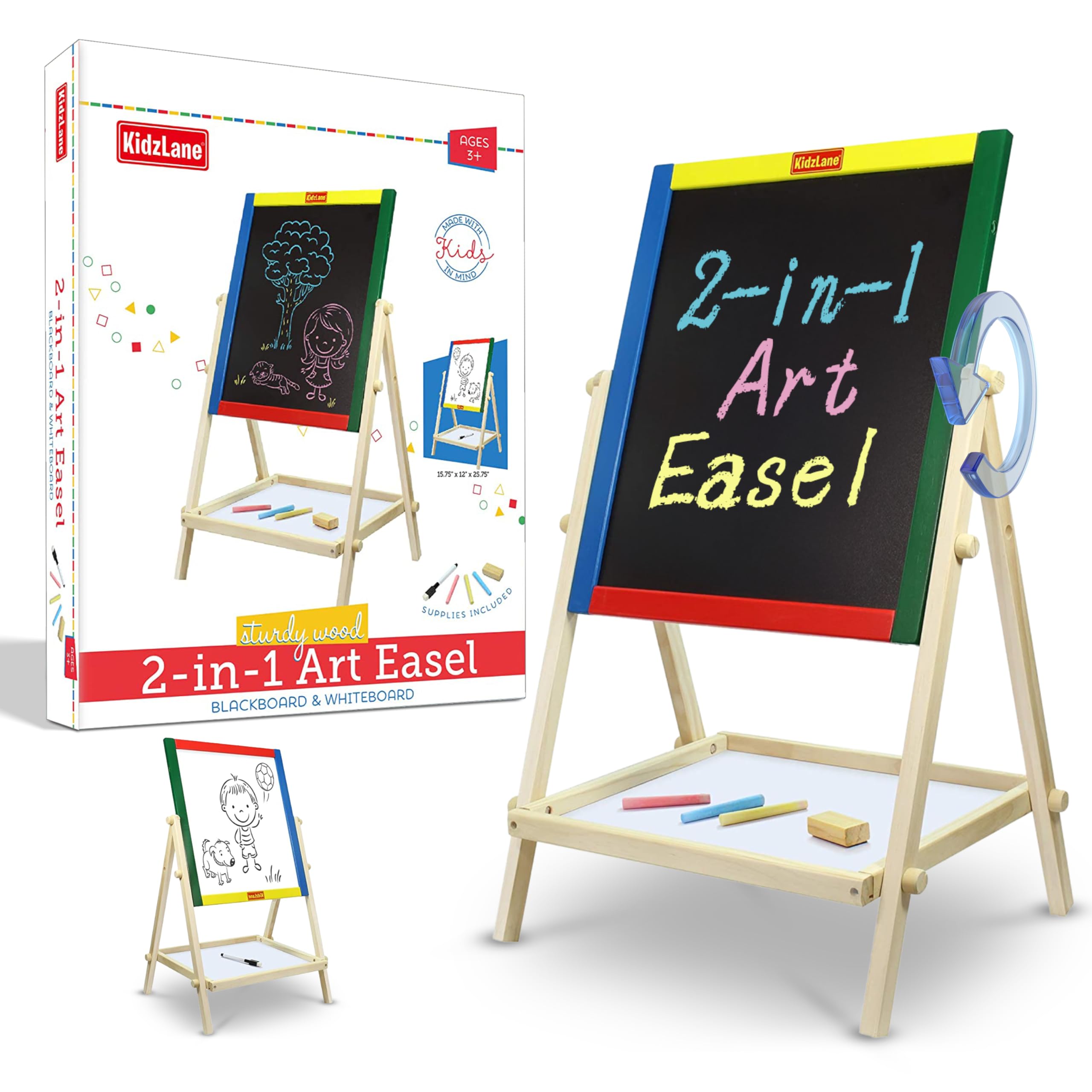 Kidzlane Art Easel for Kids 2-4 - Wooden Toddler Easel - Double Sided Standing Chalkboard/Dry Erase Board for Kids - Toddler Drawing Board with Accessories - 25.75 Inches Blackboard and Whiteboard