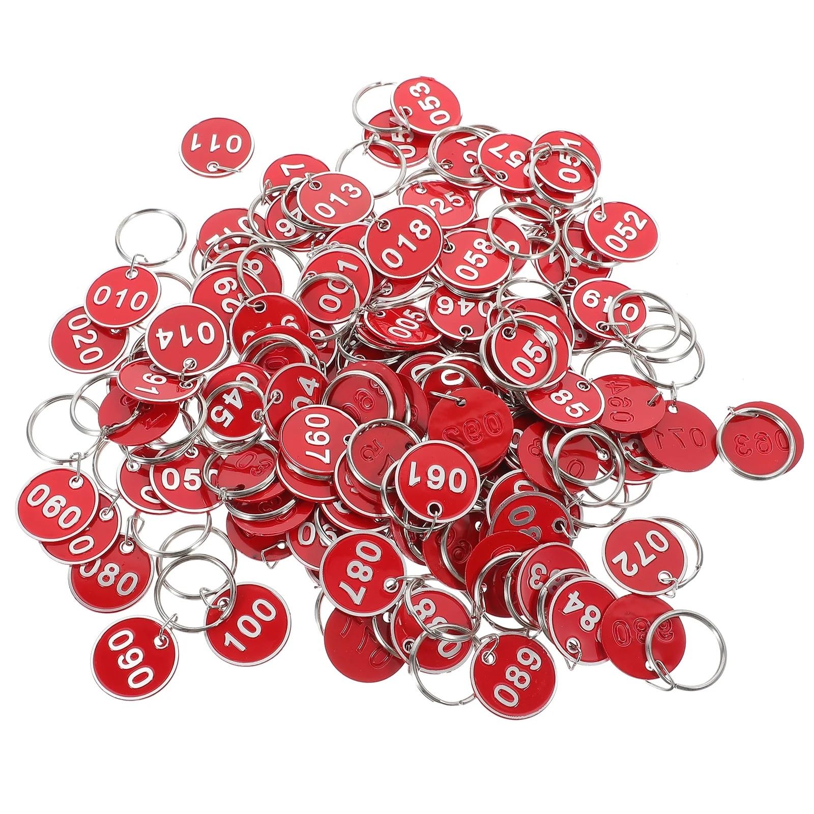 Nummerierte Schlüsselanhänger aus Stahl, 100 Stück mehrfarbige Metall-Nummernschilder mit den Zahlen 1–200 for die Organisation von Schlüsselanhängern, Schließfächern und Pools(Red,101-200)