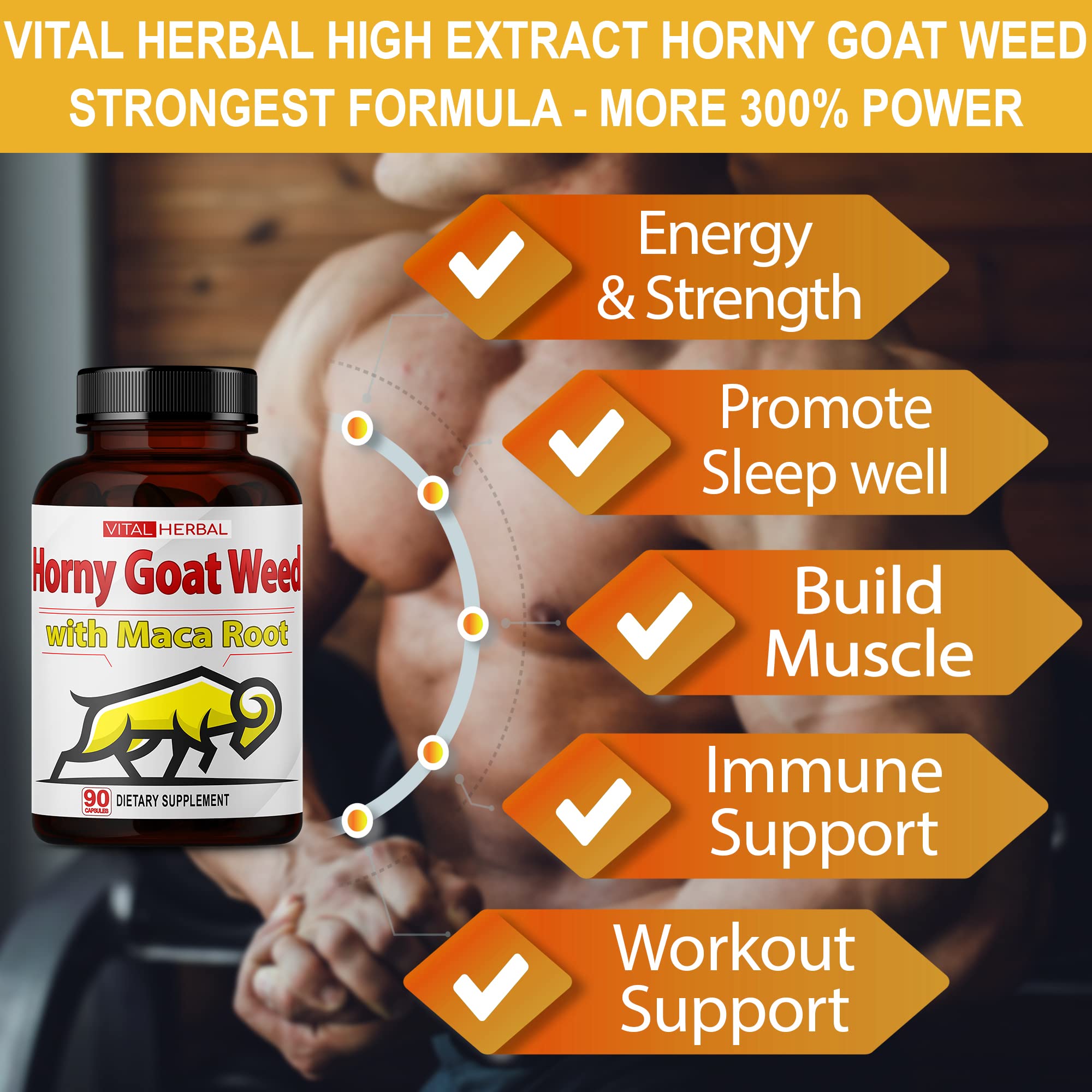 Vital Herbal Horny Goat Weed Capsules for Maximum Strength with Maca Root Tribulus Ashwagandha Tongkat Ali Panax Ginseng for Men Women, Boost Energy (90 Count (Pack of 1)) — Amazon image 4