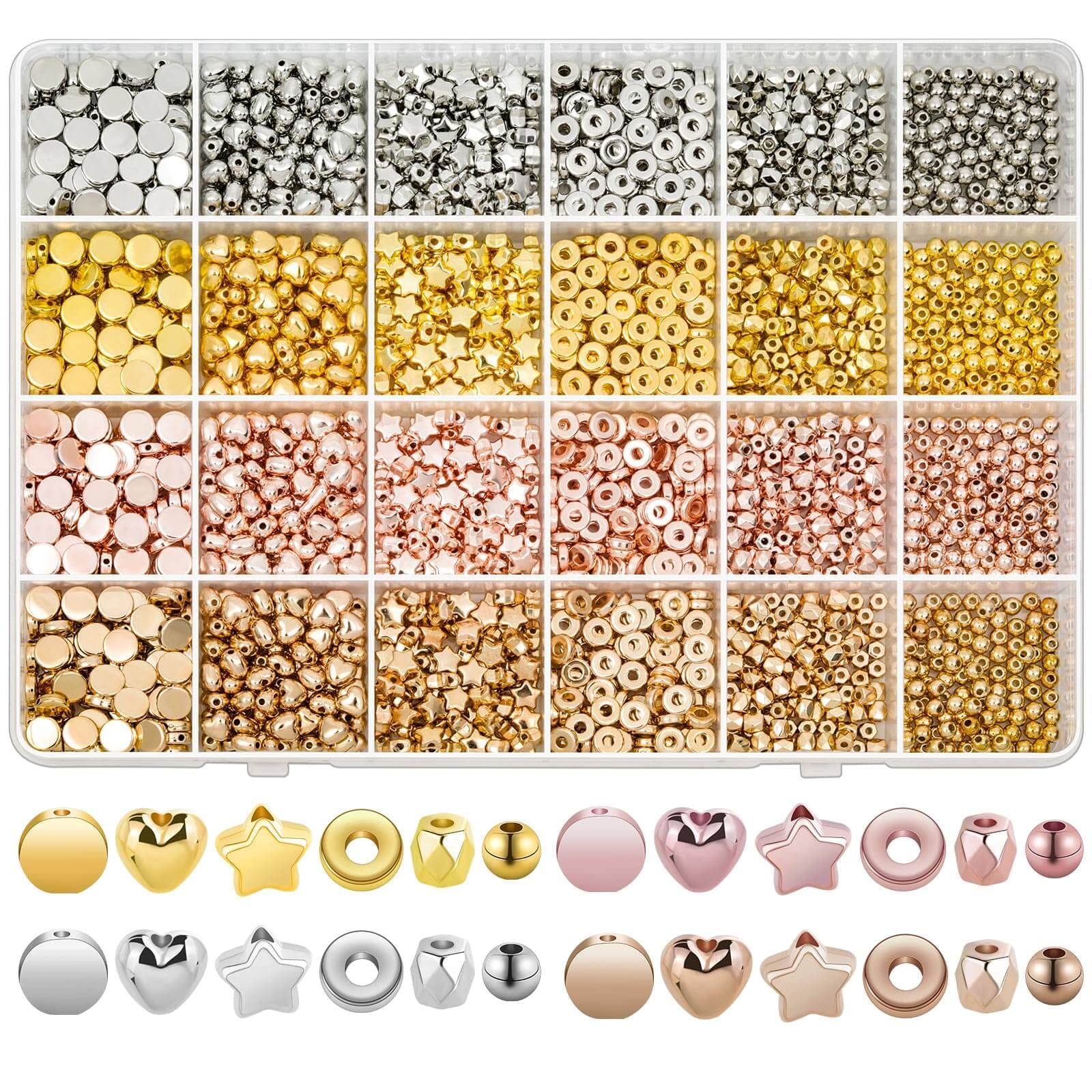 Paporich Gold Spacer Beads Set, Assorted Round Star Gold Beads for Bracelet Jewelry Making(Set of 2160, Gold, Sliver, Rose Gold, KC Gold)